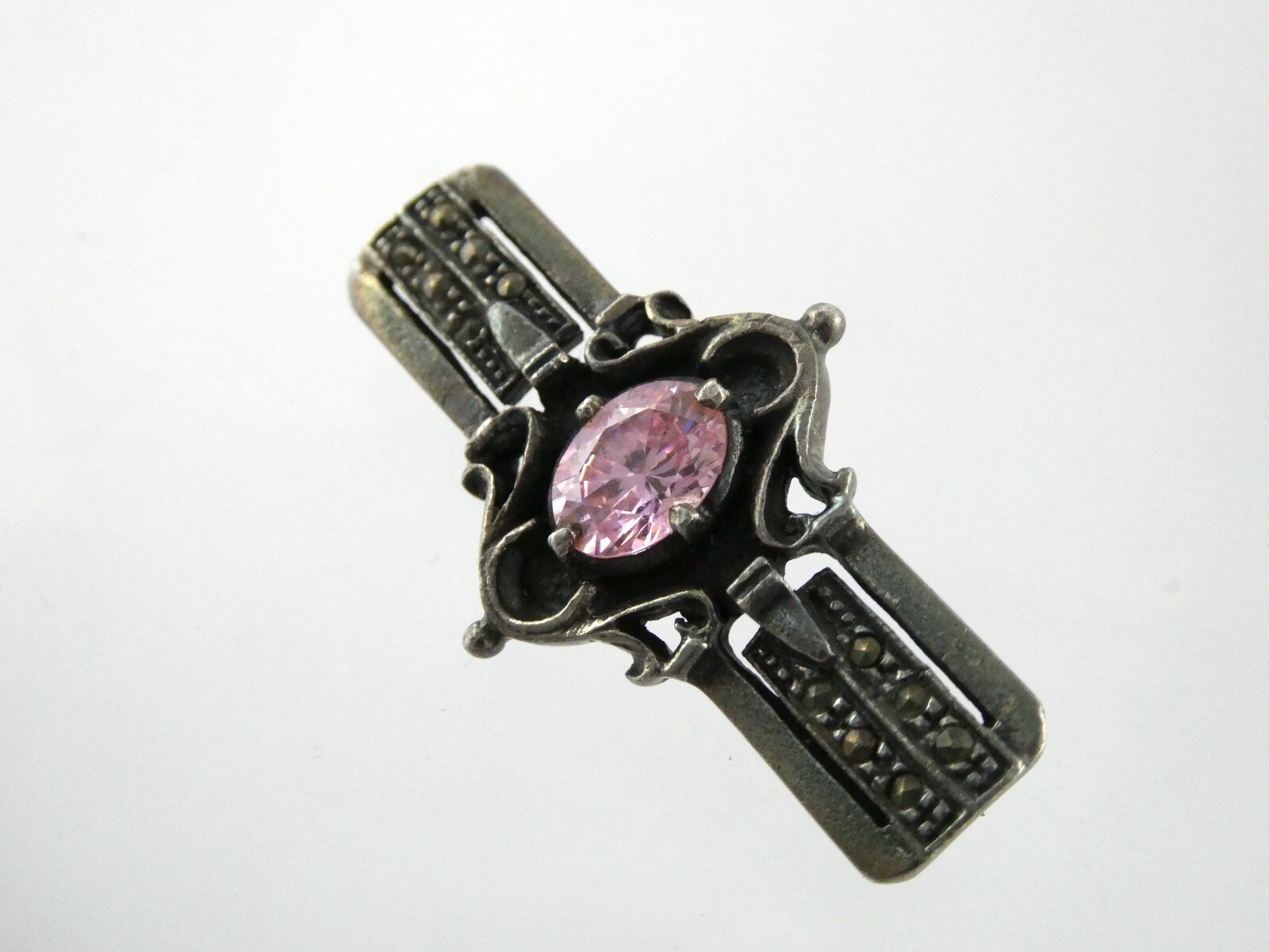 Sterling Silver Pink CZ and Marcasite Studded Bar Brooch Pin 925 6.7g 1.5 Inches