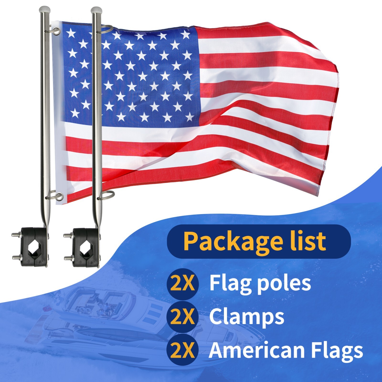 2X Marine Boat Pontoon Flag Pole 7/8"-1" Rail Mount Stainless Steel (US Flags)