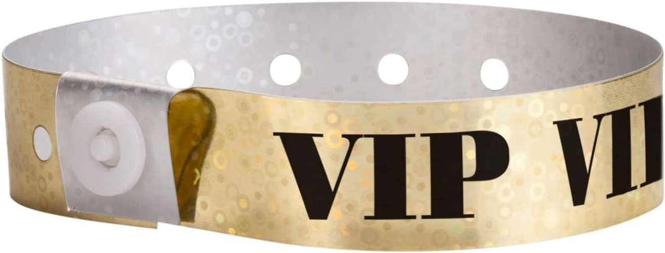 Gold Holographic VIP Waterproof Wristbands - Secure, Adjustable Event Bracele...