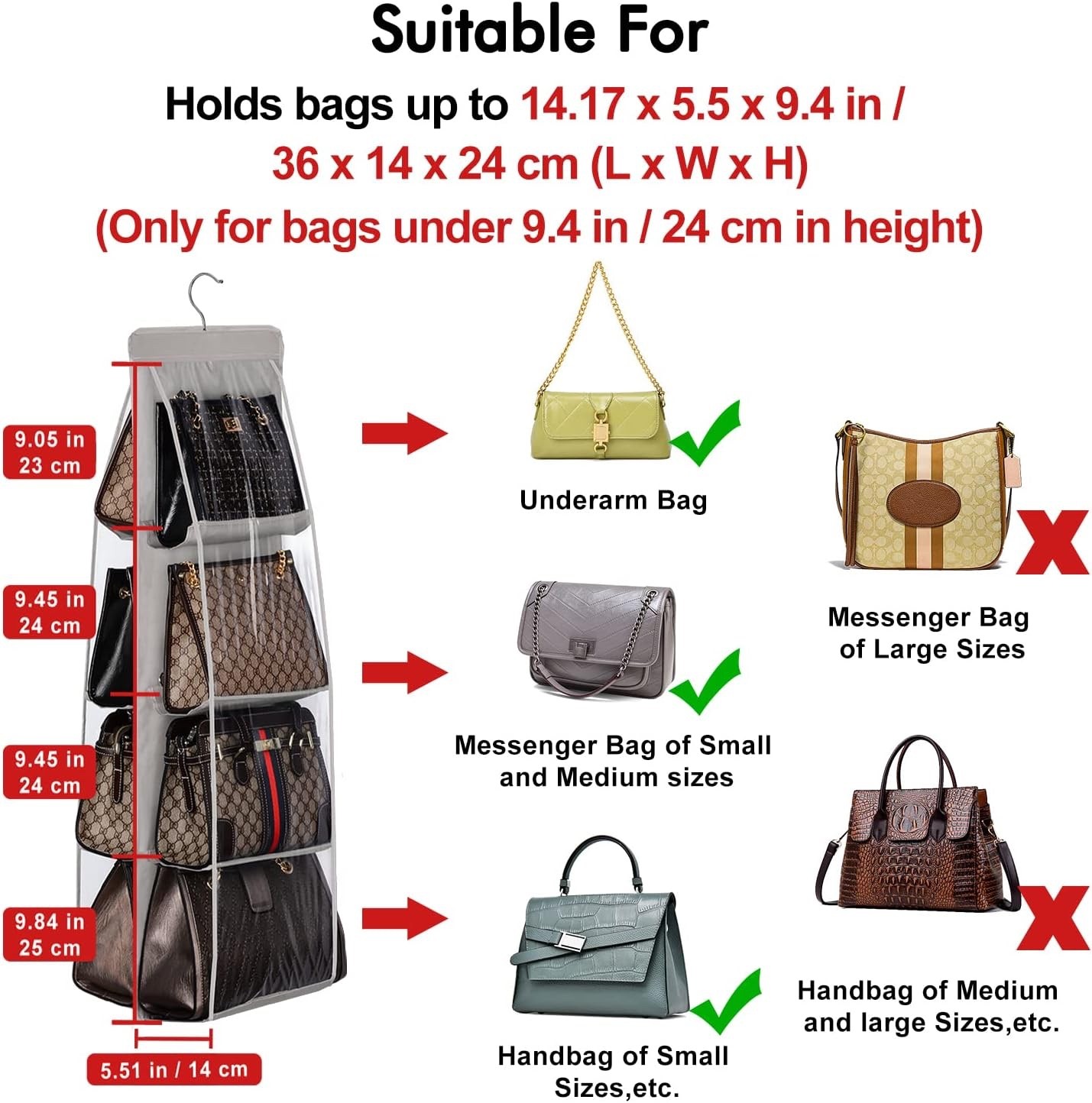 1 Grey Handbag Purse Organizer Rack Closet Display 8 Pocket Clear Storage Hanger