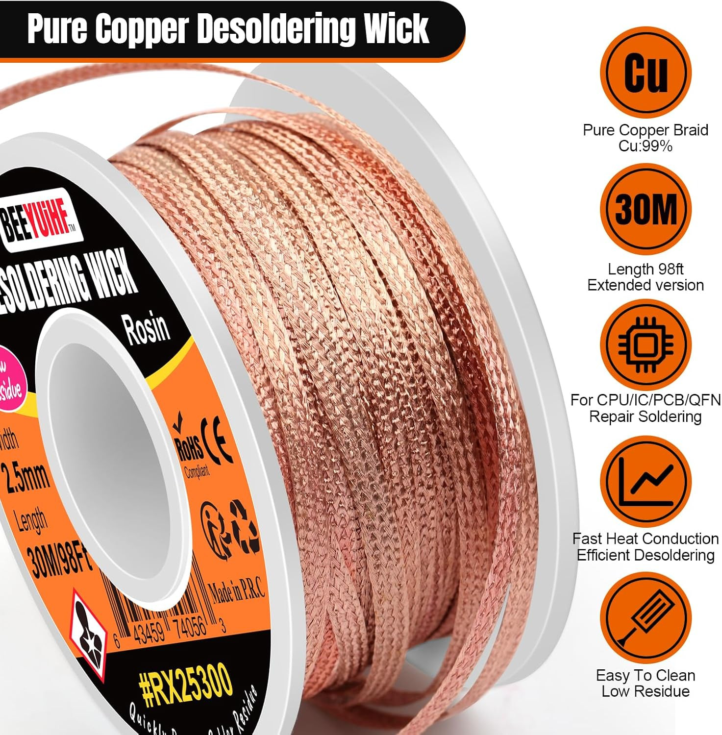 Desoldering Wick Braid 30M - 98ft Length 2.5mm Width Solder Wick Braid with F...