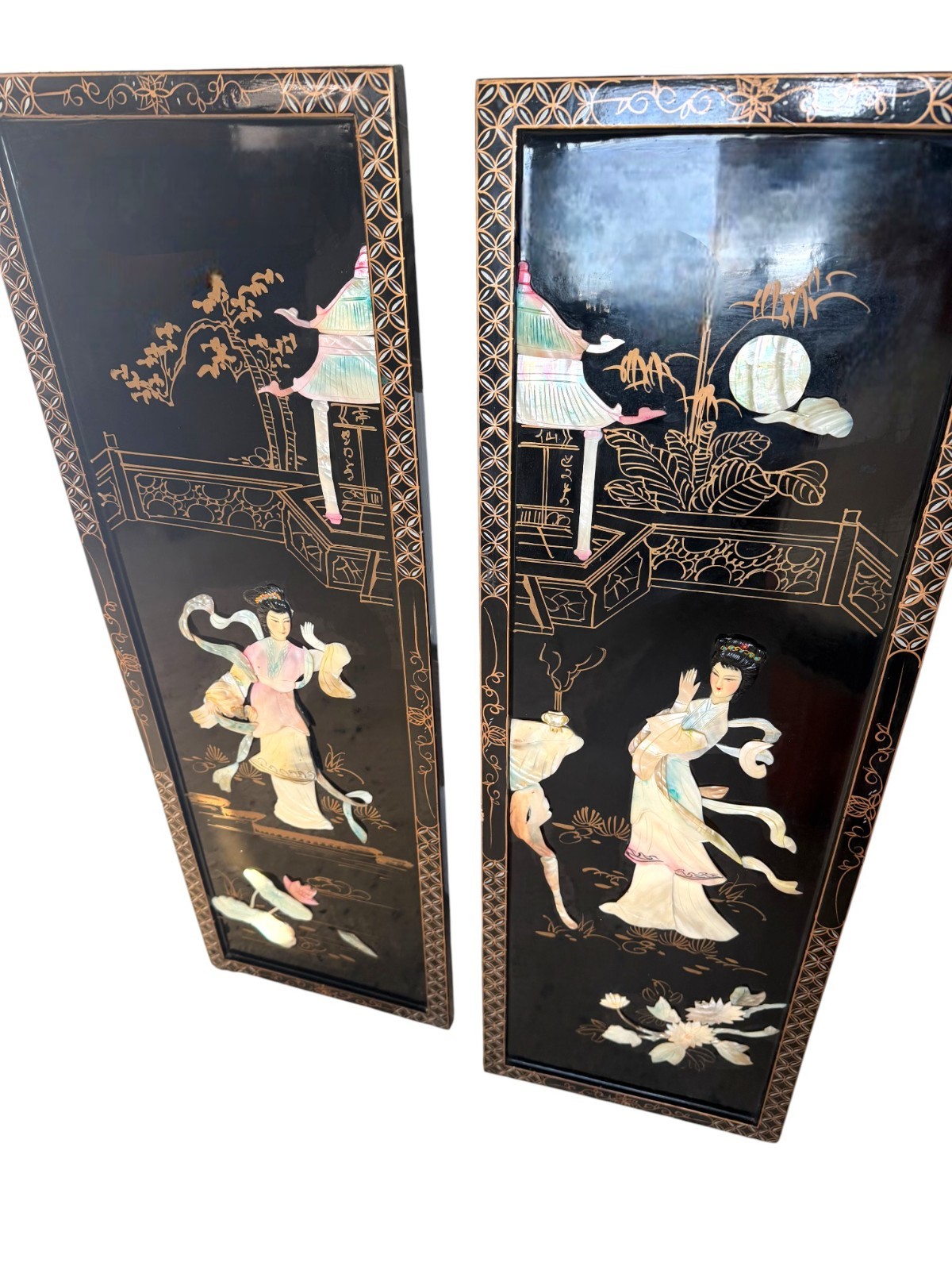 Vintage Chinese Black Lacquer Wall Panels 12x36 Mother of Pearl Inlay Set of 2