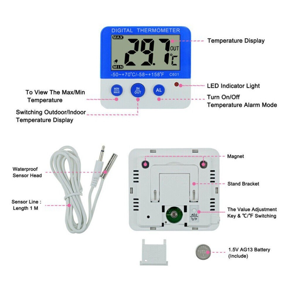 Digital Fridge Freezer Thermometer With Temperature Warning Alarm Max Min ℃/℉