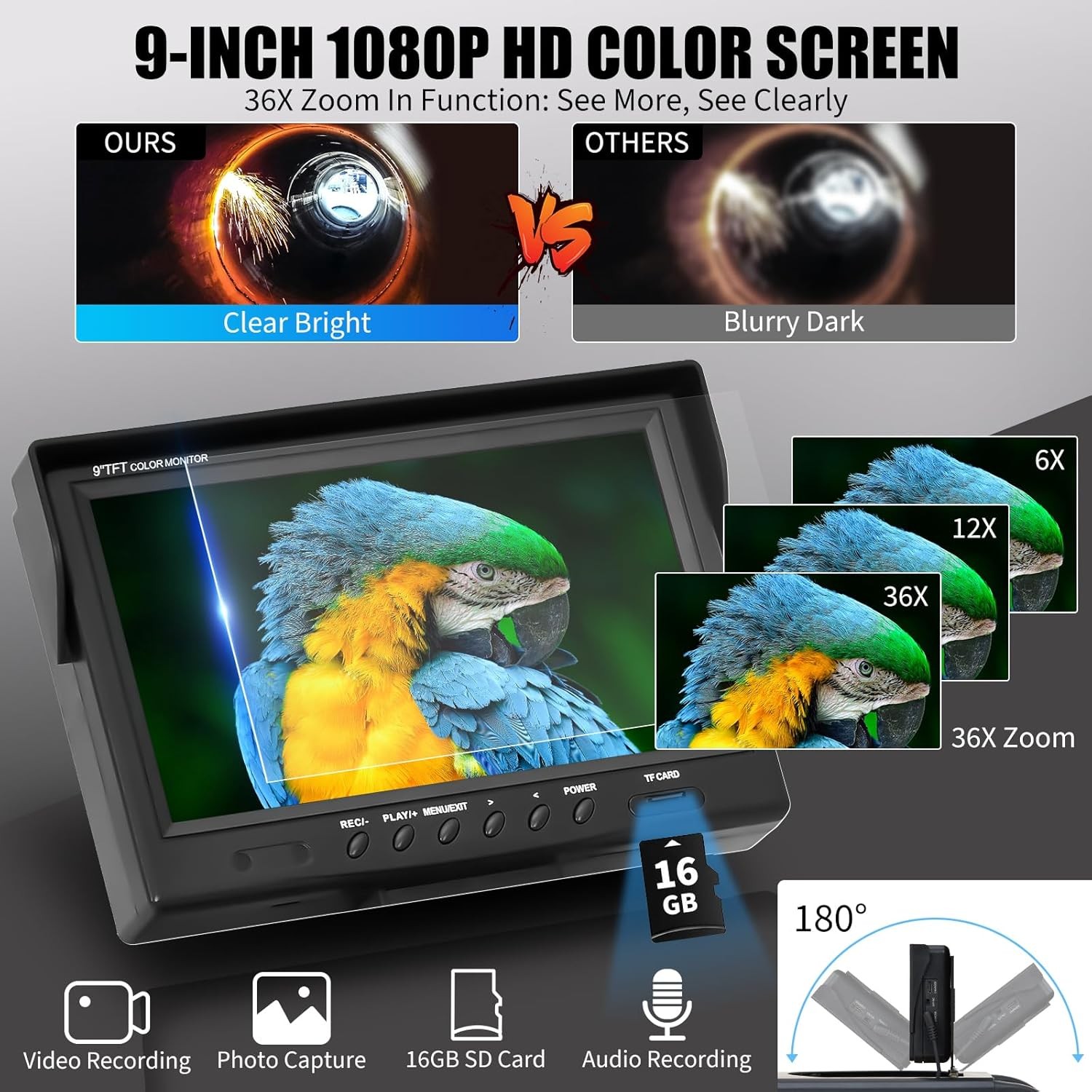 Sewer Camera 100FT/30m Self-Leveling Drain Camera with 512Hz Locator 9” Screen