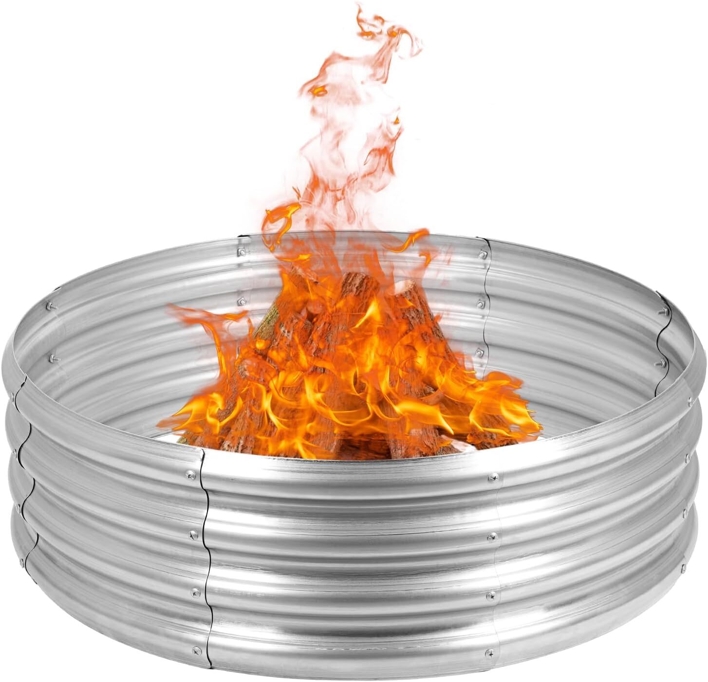 36" Silver Round Galvanized Steel Fire Ring Pit for Backyard, Camping, Bonfire