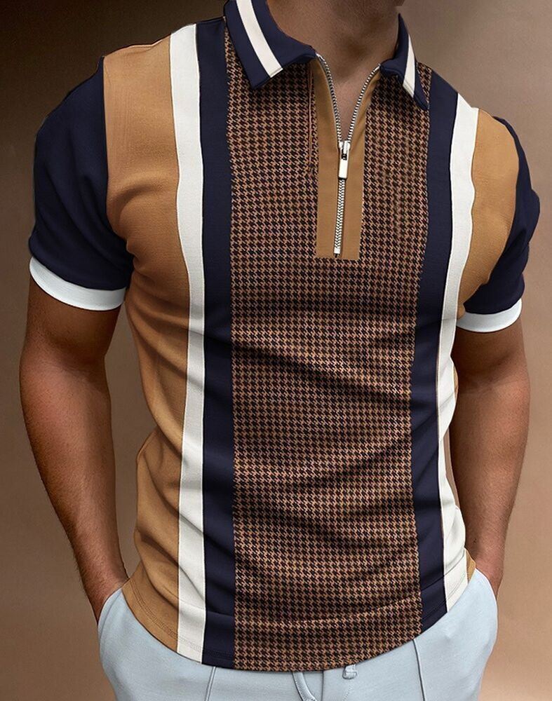 Polo T Shirt Men Zipper Collar Block Contrast Fashion Black White Brown Golf Tee