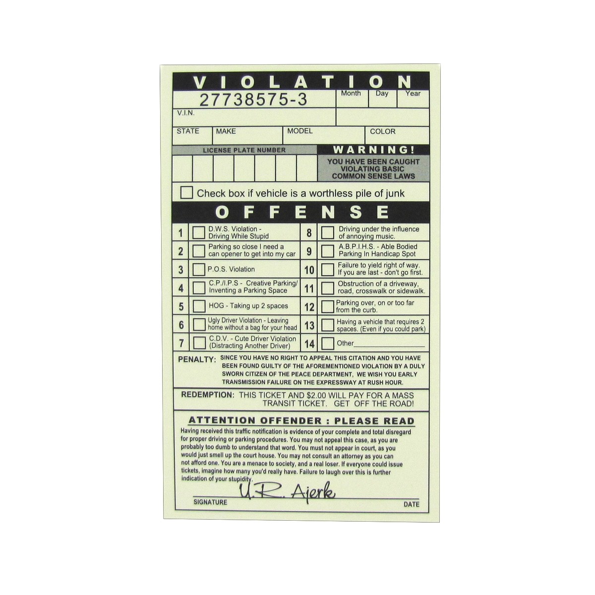 Fake Parking Ticket Funny Novelty Car Violation Prank Practical Joke Gag Gift