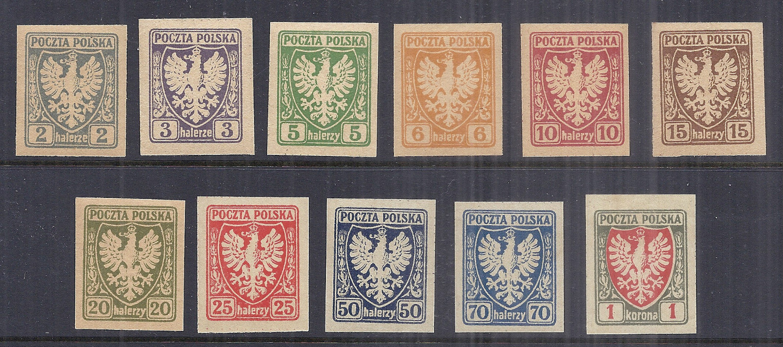 1919 Poland Kraków 55-65 | 61-71 Polish Eagle Imperf Set of 11, XF Gem MNH