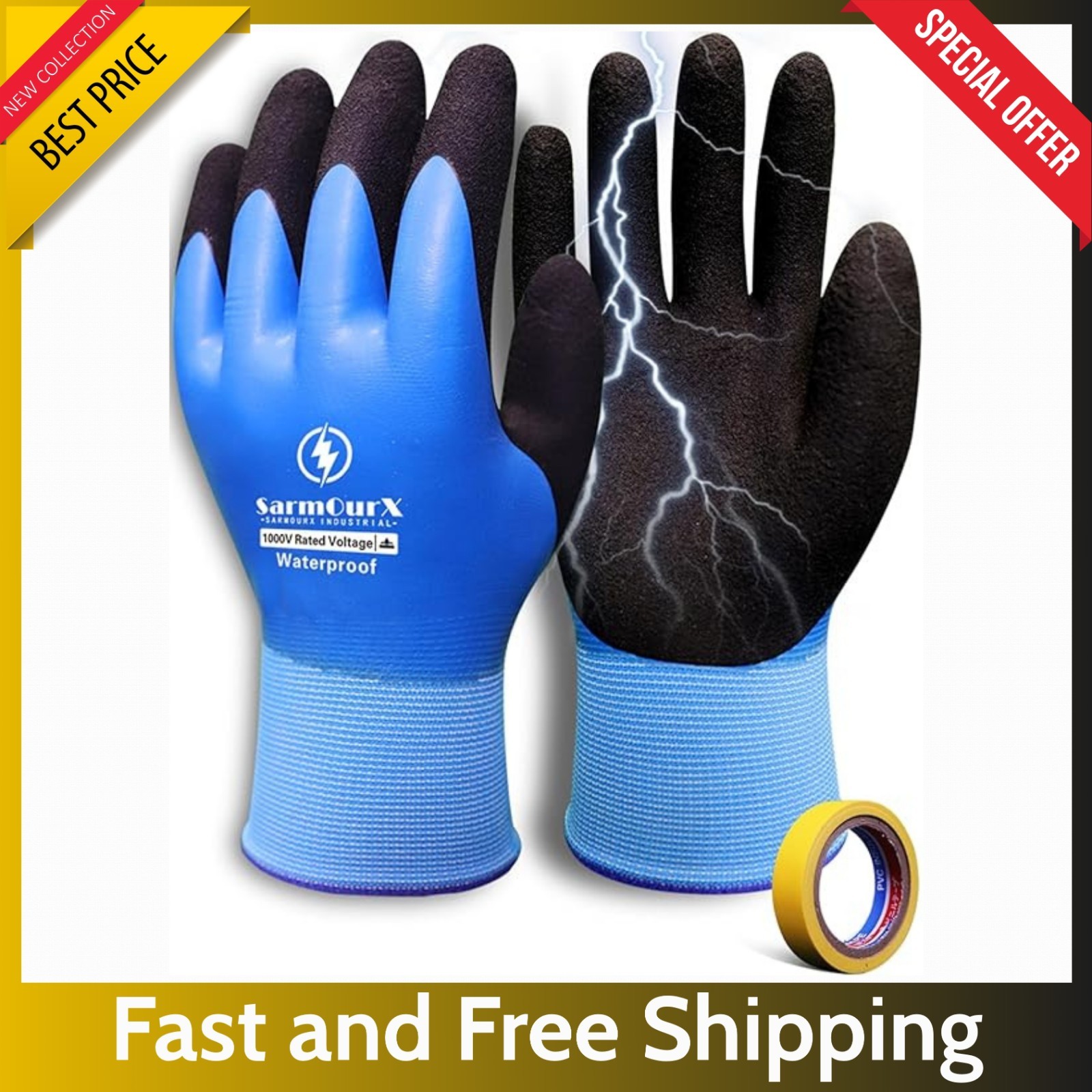1000V High Voltage Electrical Gloves  Insulated Rubber, Waterproof Non-Slip Palm
