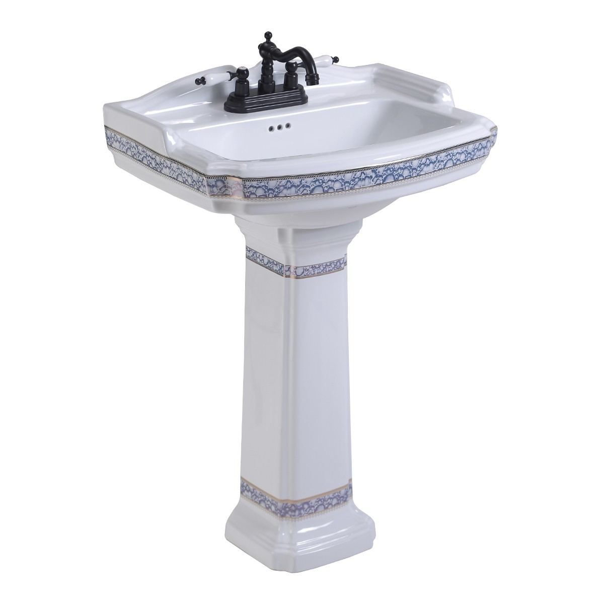 India Reserve White Bathroom Pedestal Sink Porcelain with Blue and Gold Finish