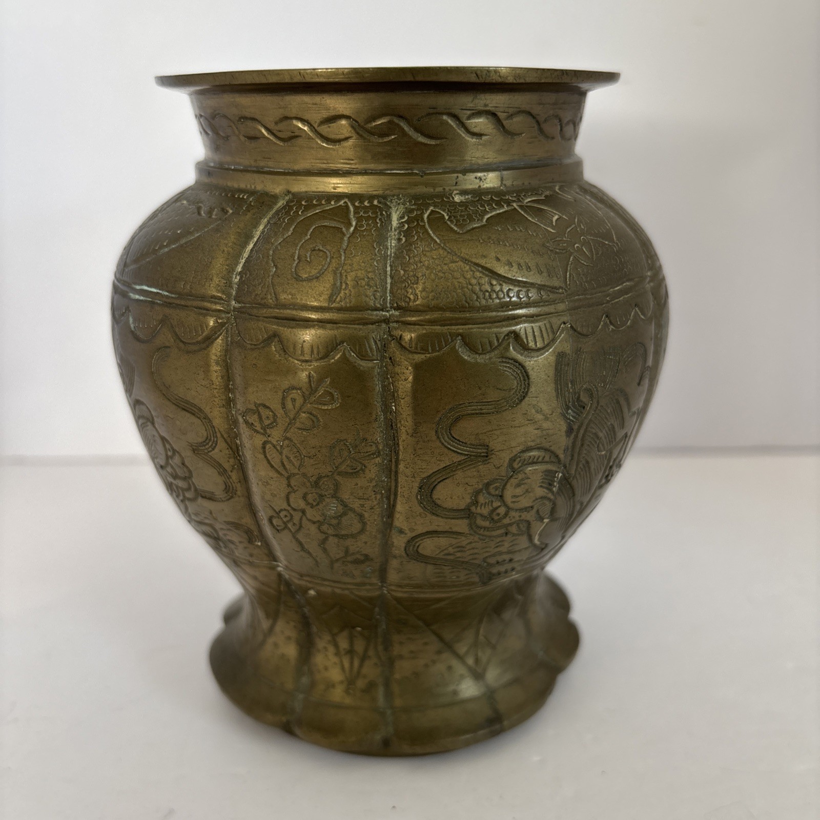Vintage Heavy Chinese Etched Brass Vase 5.5” Tall Dragon or Lion