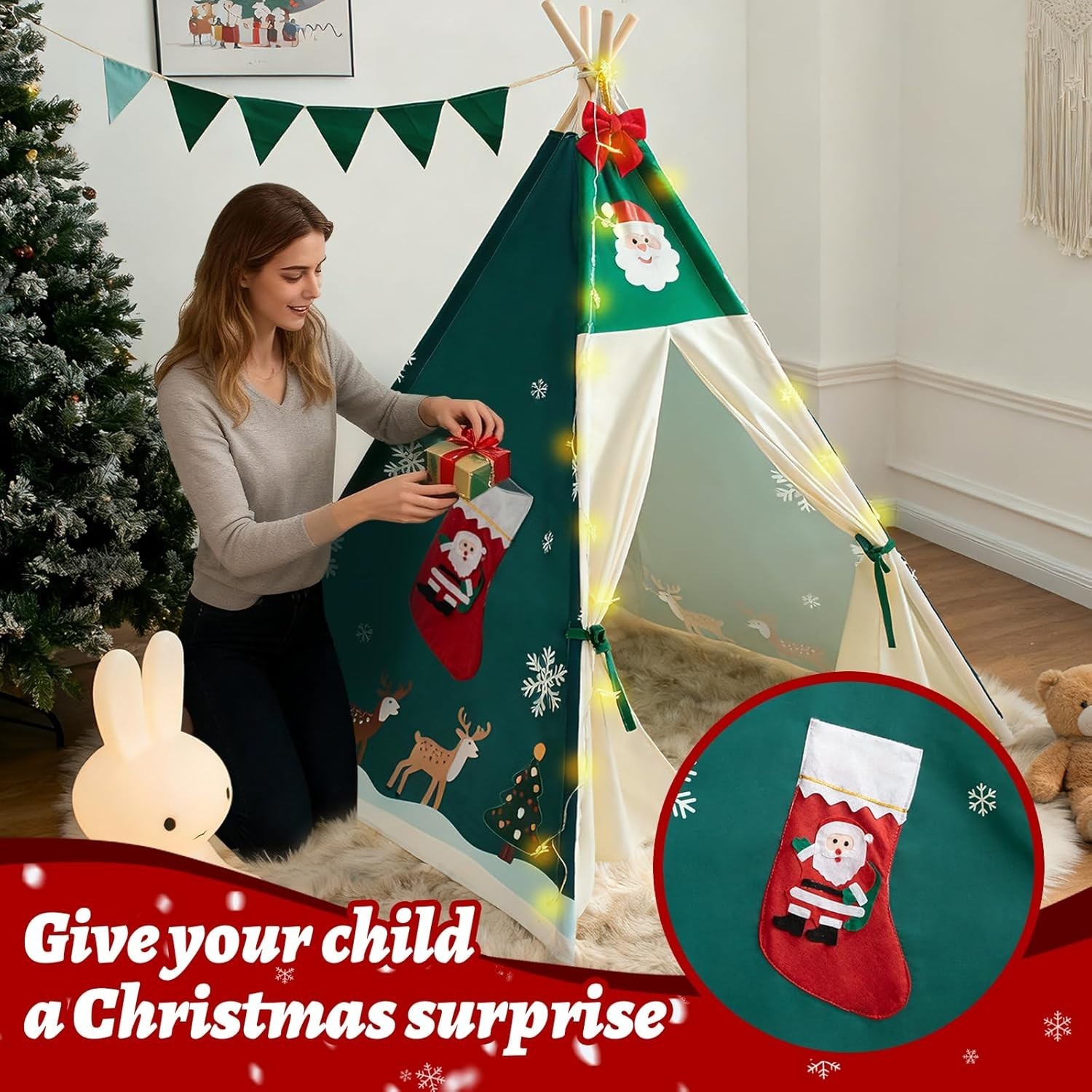 Versatile Kids Teepee Tent with Padded Mat & Star Lights - Perfect Holiday Gift