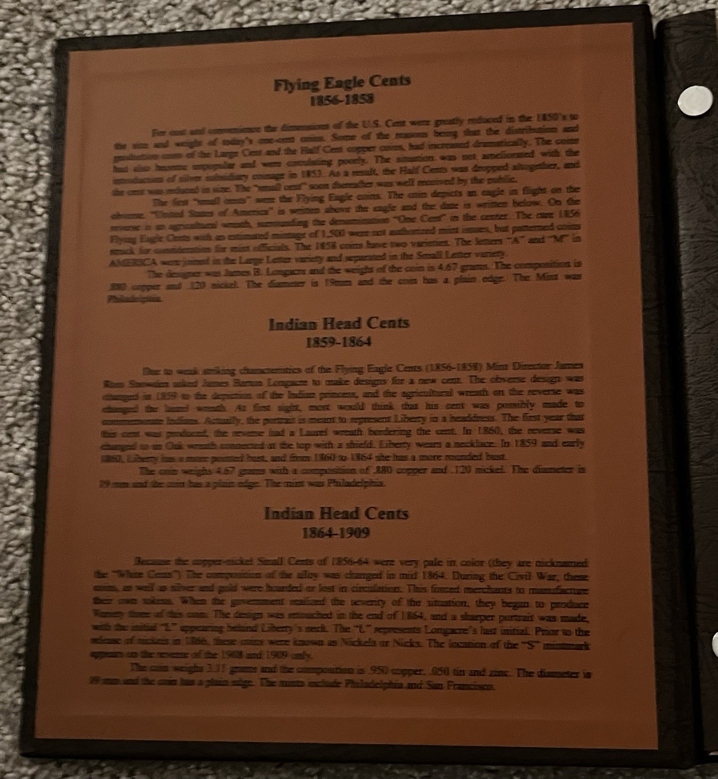 DANSCO COIN ALBUM #7101 FLYING EAGLE AND INDIAN HEAD CENTS 1857-1909