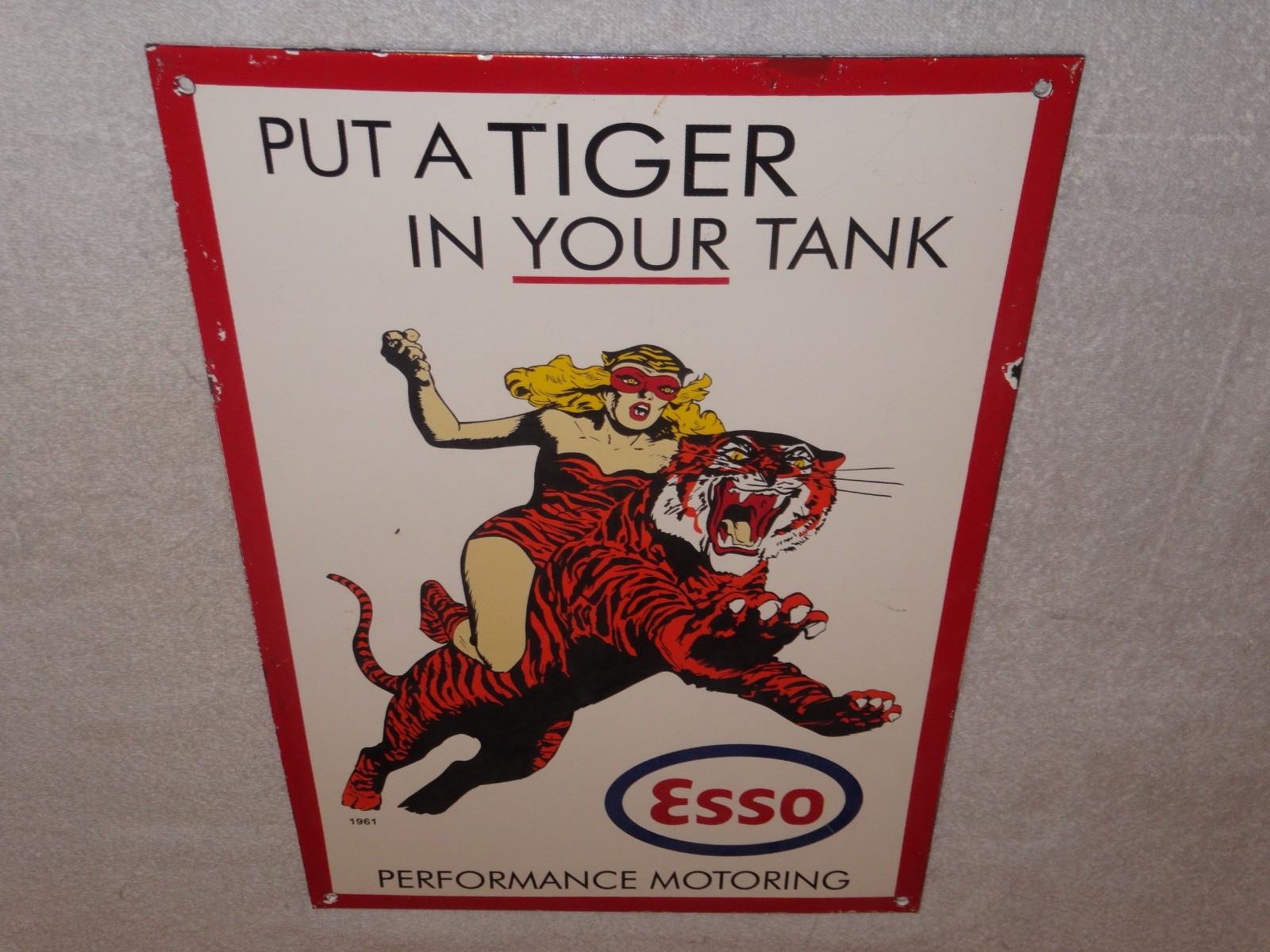 VINTAGE 1961 "ESSO CAT WOMAN RIDING TIGER" 18" PORCELAIN METAL GASOLINE OIL SIGN