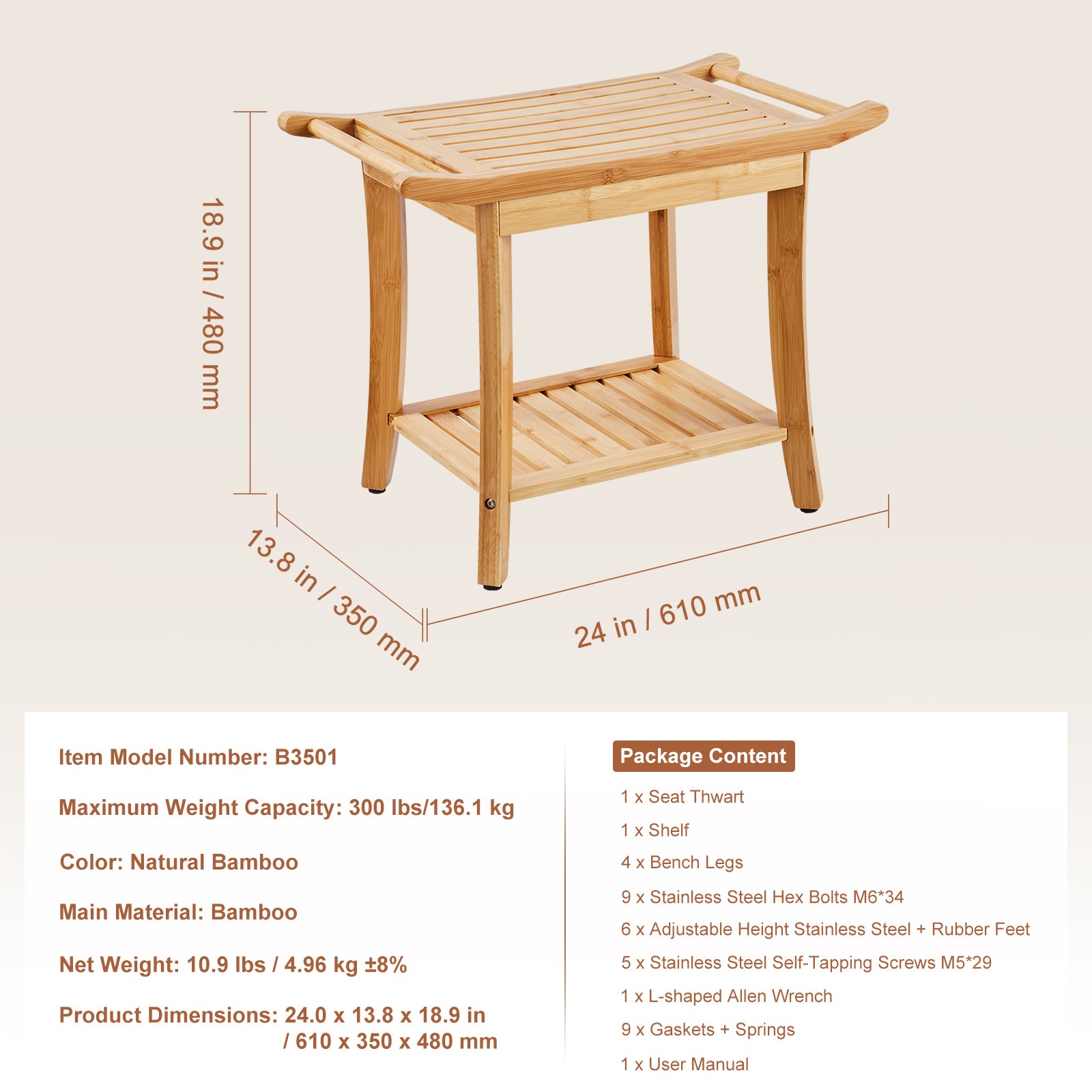 VEVOR Bamboo Shower Bench 24 x 13.8 x 18.9 in Shower Stool Chair w/Storage Shelf