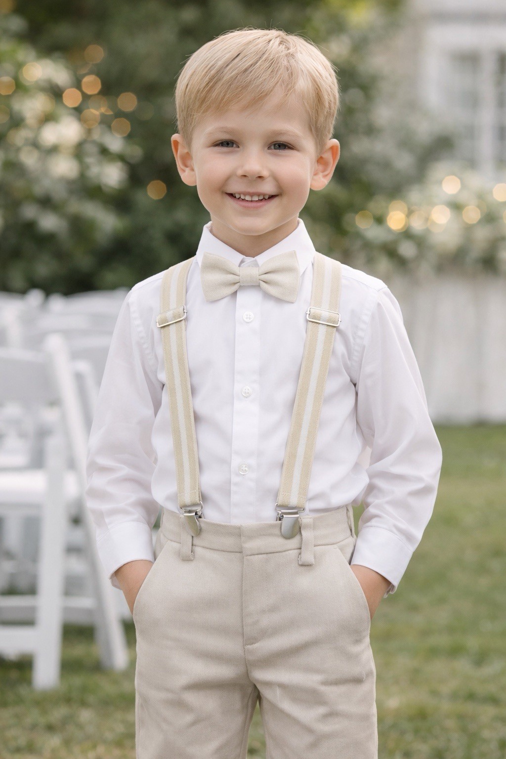 Kids bow tie and suspenders set, neutral beige, adjustable, perfect for events.