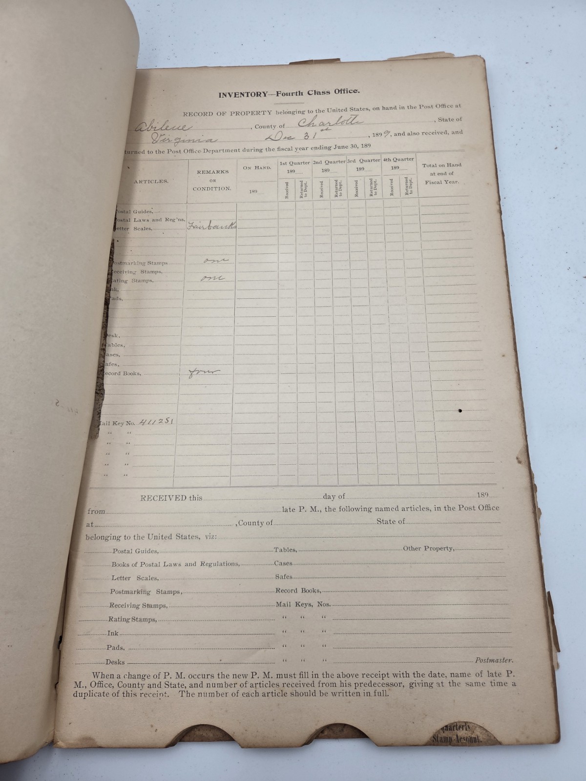 (4) Antique Postmasters Account Record Book 4th Class Abilene Virginia 1899-1906