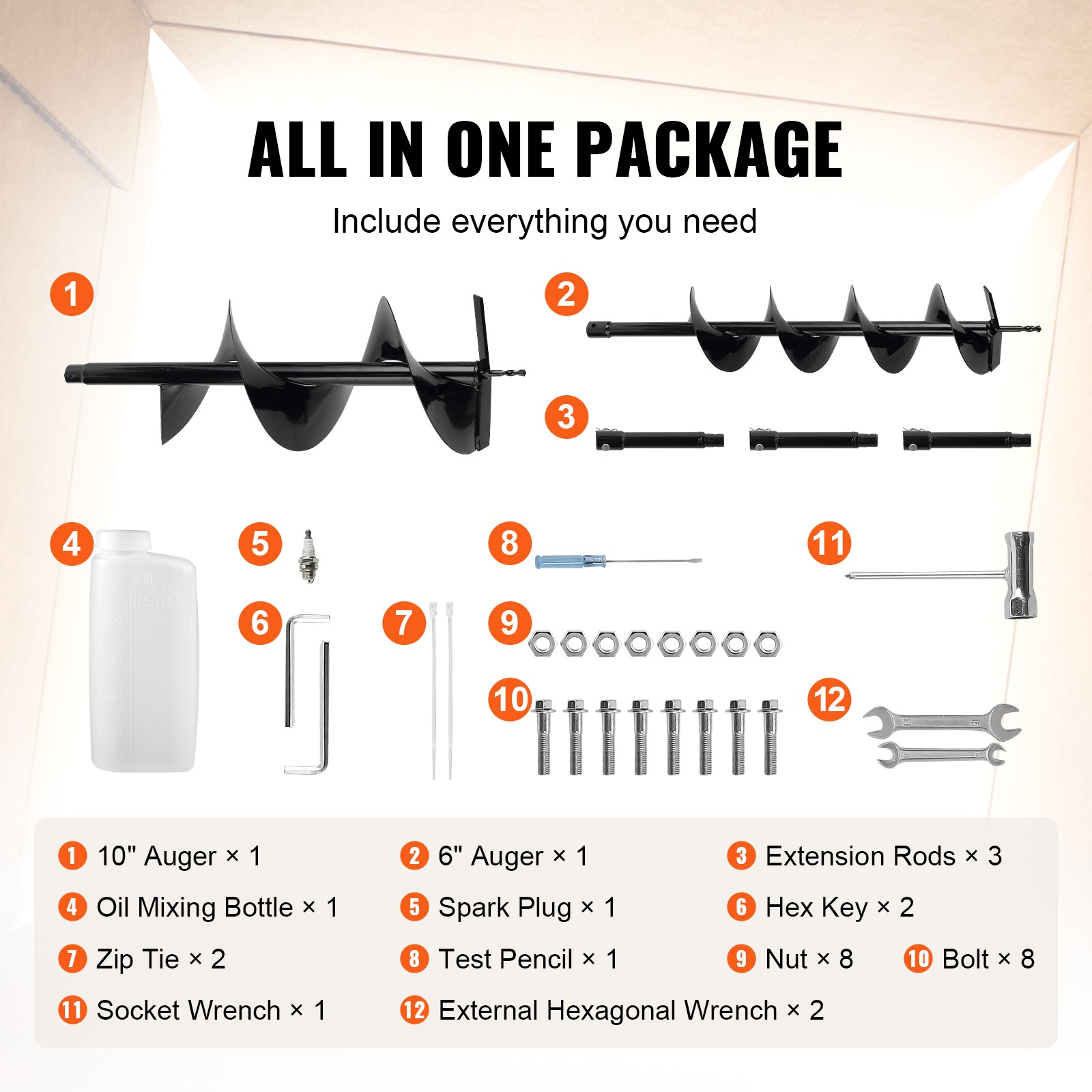 VEVOR Post Hole Digger 52cc Gas Powered Earth Digger 2 Auger Drill Bit 6" & 10"