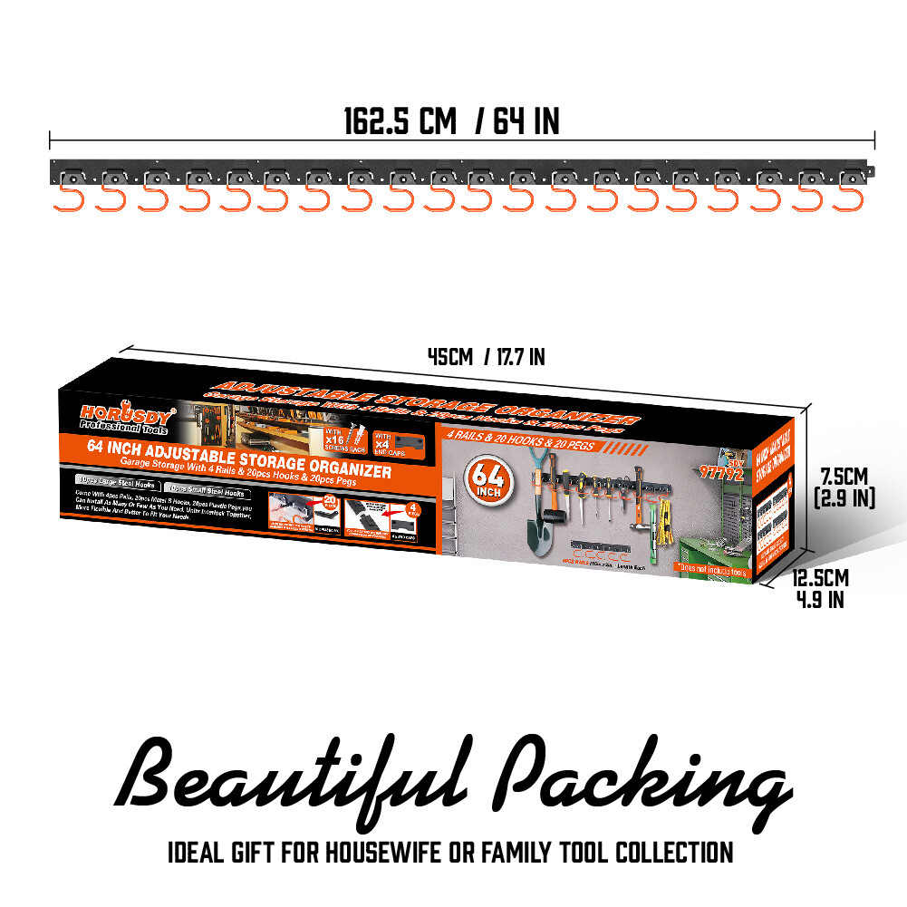 64 Inch Adjustable Storage System Wall Holders Garage Organizer 4 Rails 20 Hooks