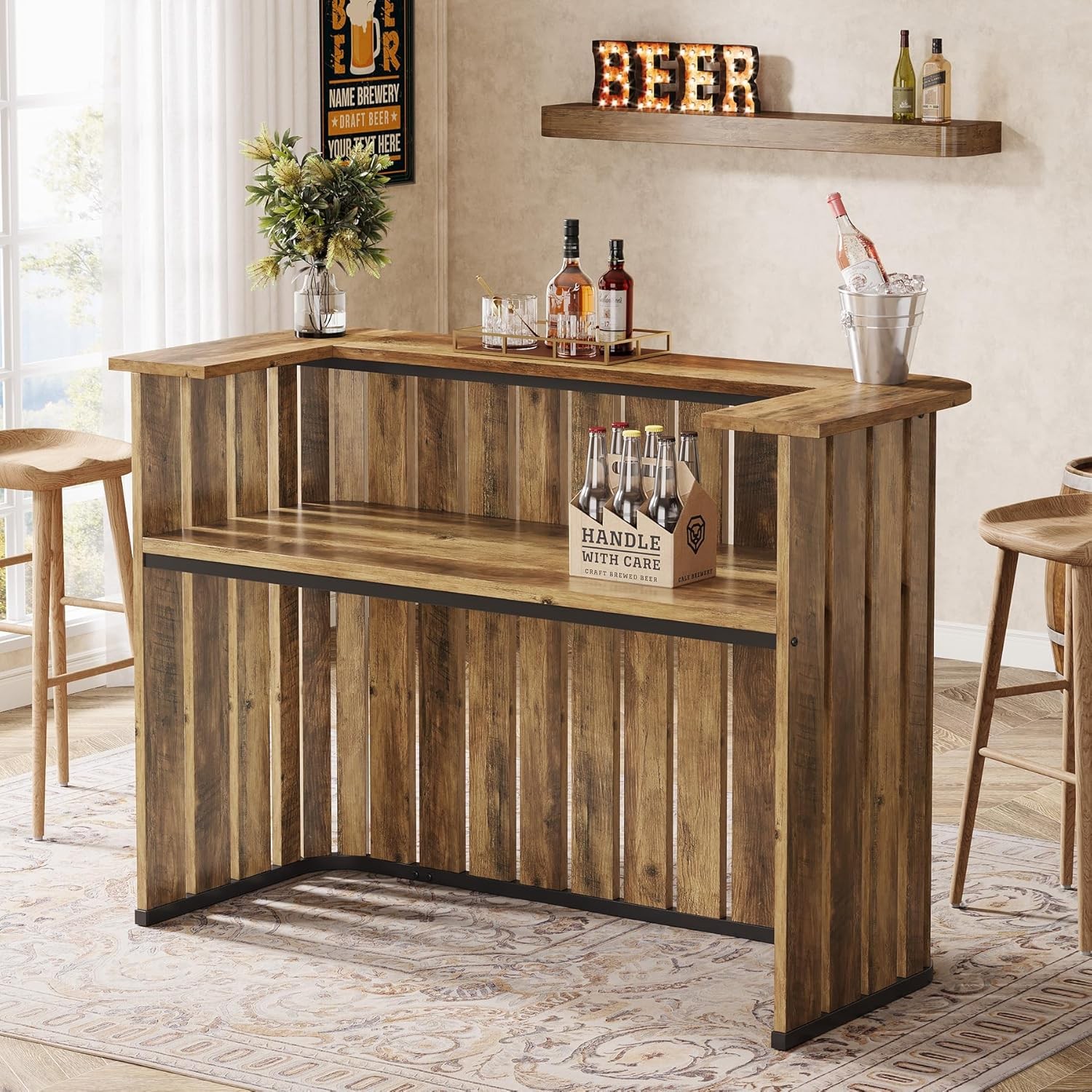 63'' Home Bar Unit, Farmhouse Liquor Bar Table with Storage Shelves, Bar Cabinet