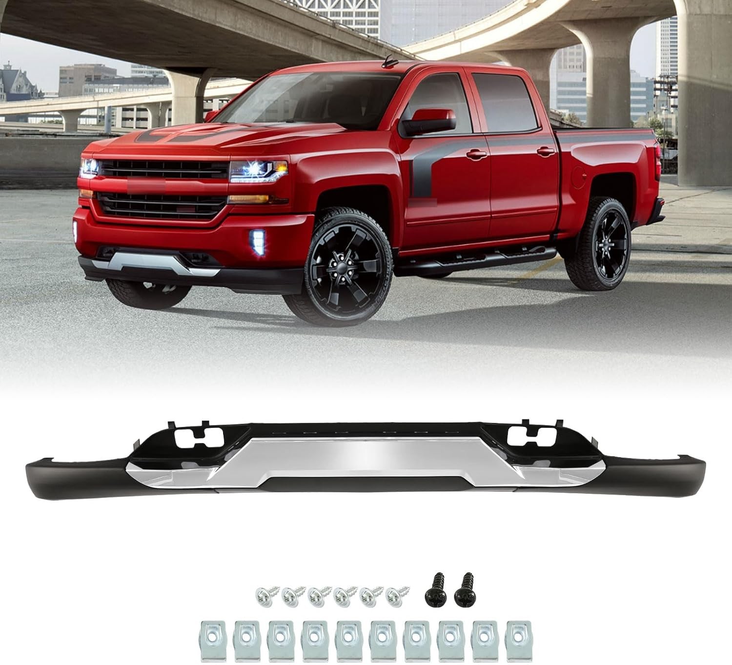 Fit For 2016-2019 Silverado 1500 Front Lower Bumper Valance & Chrome Skid Plate