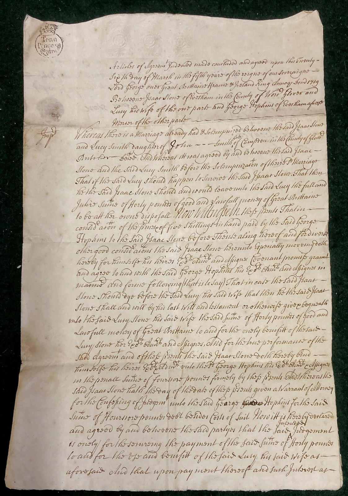 1719 EVESHAM-Worcestershire, Isaac Stone (Glover) to George Hopkins (Mercer)+REV