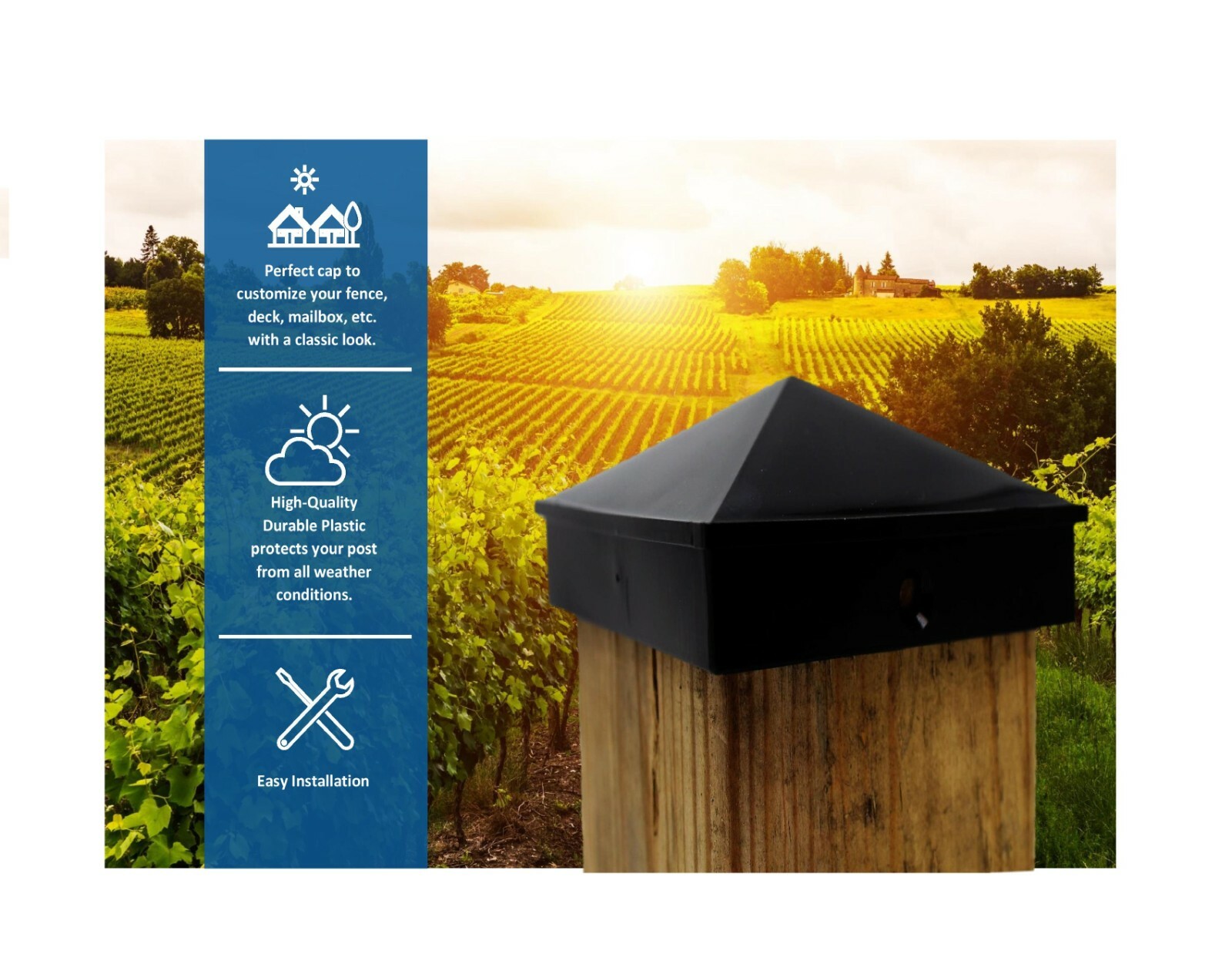 Plastic Pyramid 4x4 True (100mm) Fence Post Cap w/ Pre-Drilled Hole Black/ White