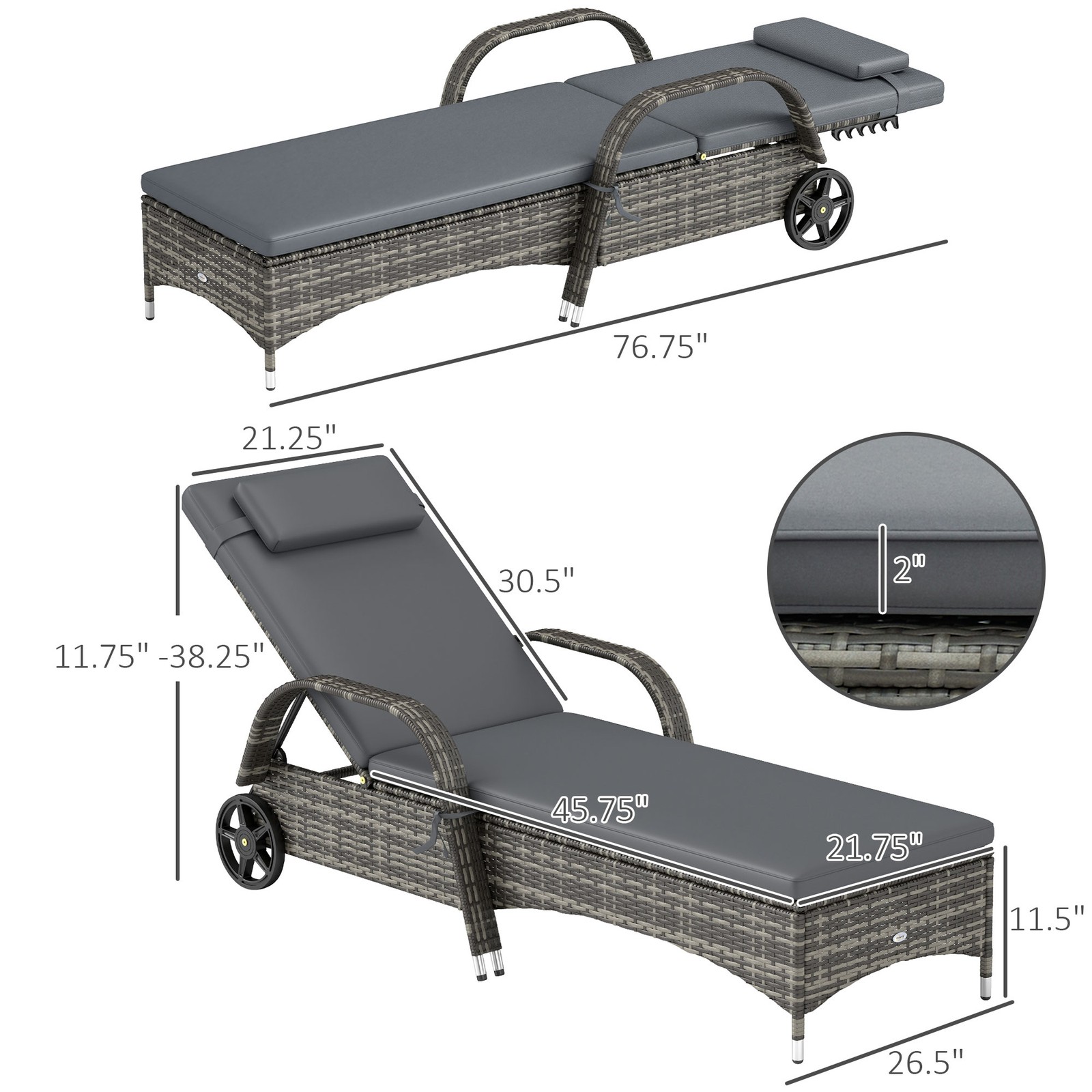 Outdoor PE Rattan Reclining Sun Lounger Set of 2 w/ Cushion, Wheels, Gray