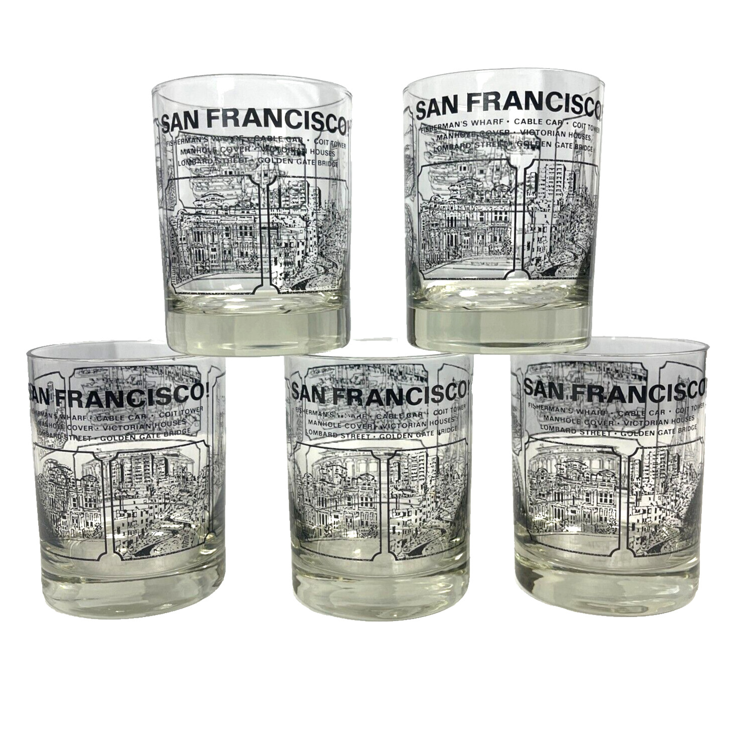 San Francisco Tourist Attractions 5 Vtg Cocktail Glass Lot 70s Coit Golden Gate