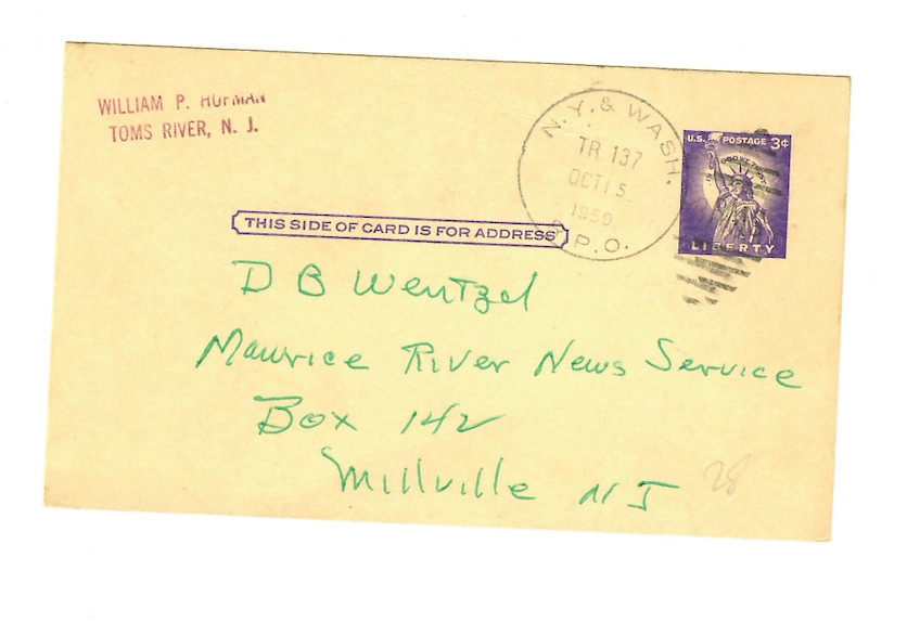 1959 NY Washington RPO Train 137 Postal Card Toms River NJ Maurice River (C086)