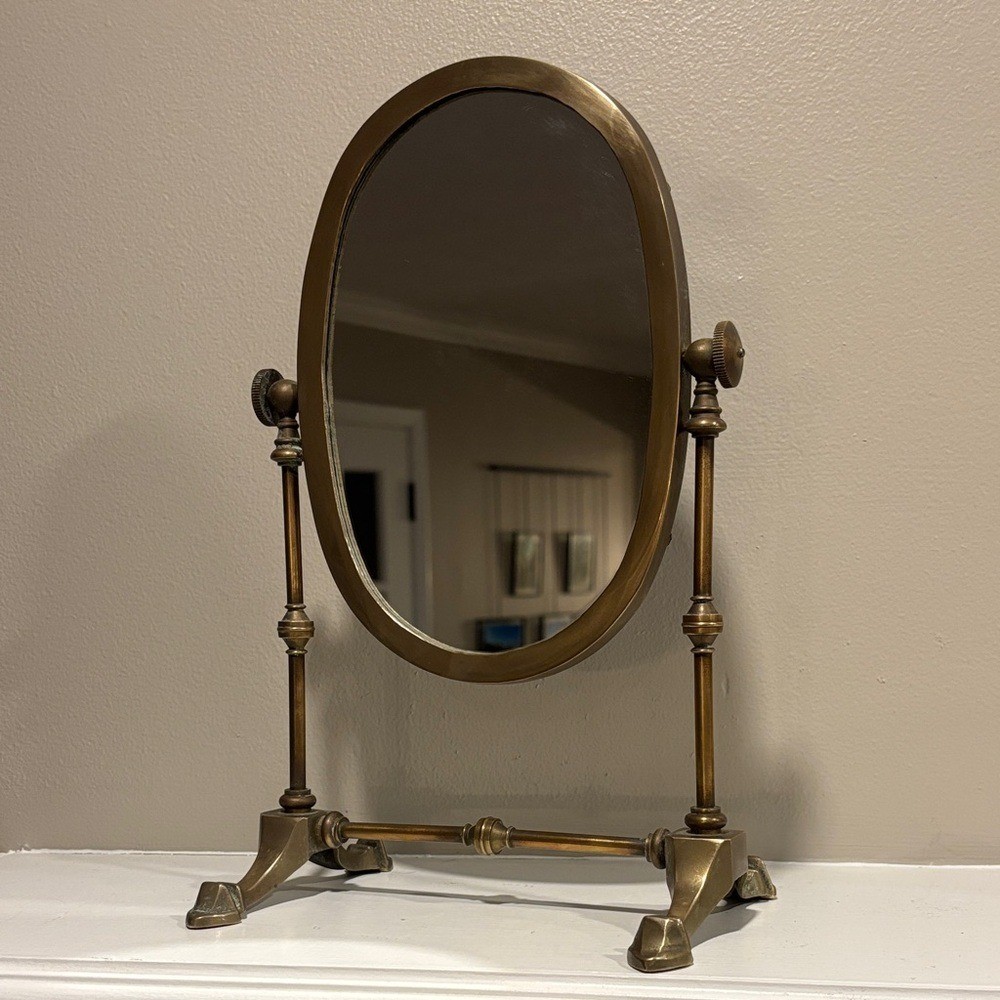 Vintage Art Deco Style English Brass Tabletop Shaving/Vanity Mirror