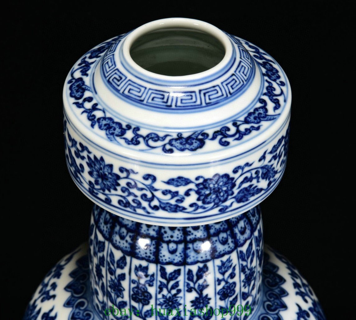 11.4"Old Qianlong Marked Blue White Porcelain Lotus Flower Pattern Bottle Vase