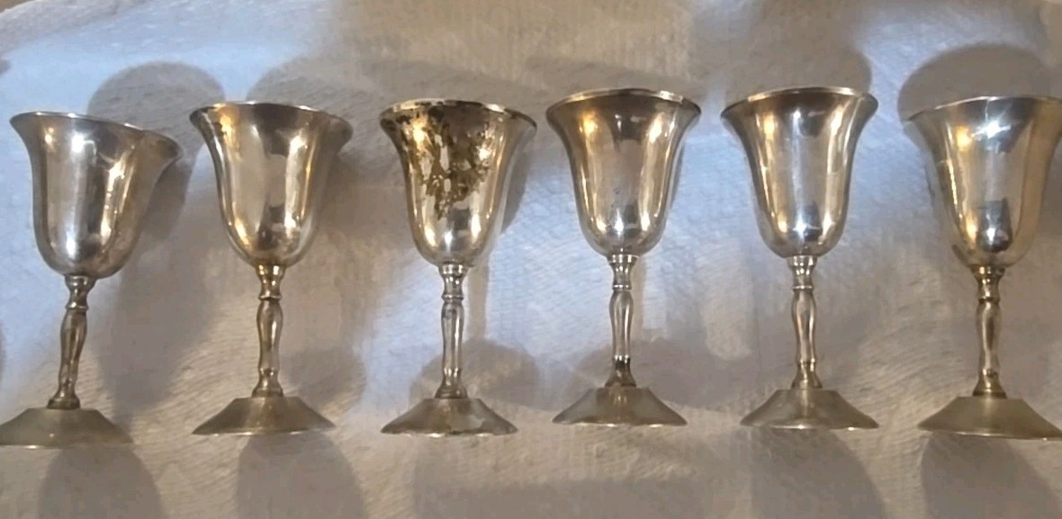 6 Vintage E.P.N.S. Silver Plated Wine Goblets, 3 1/2"Tall.