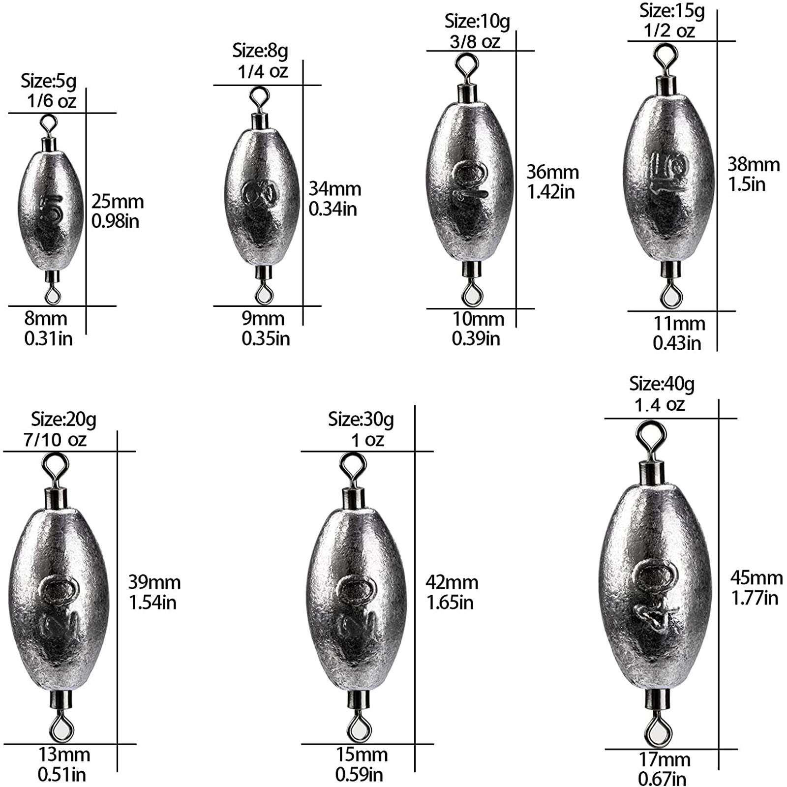 20pc Fishing Weights Inline Weights Trolling Sinkers Swivel Weights Fish Sinker