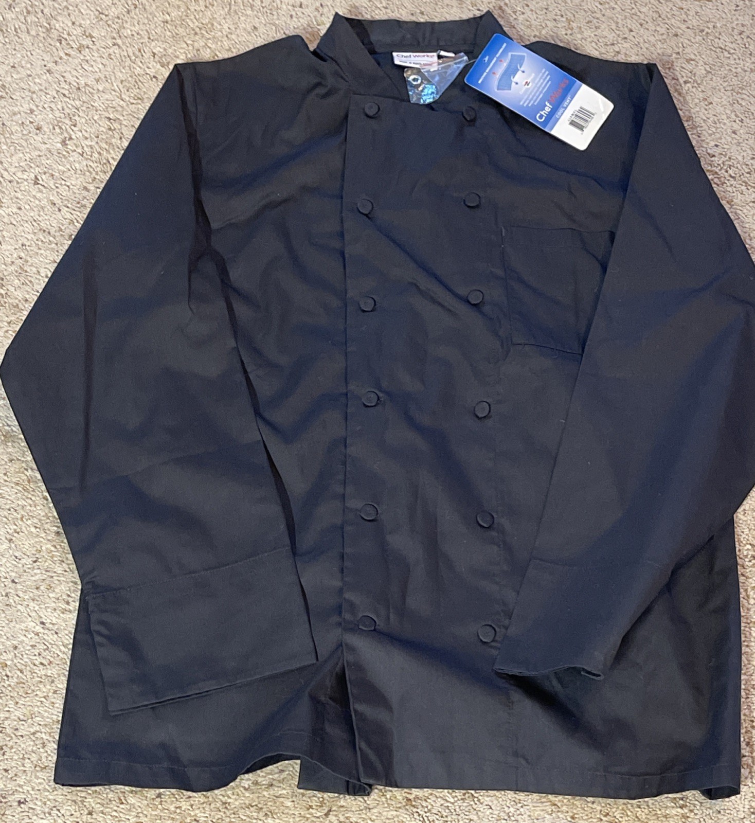 Unused L Chef Works Cool Vent Long Sleeve Black Chef Coat Shirt Double Breasted