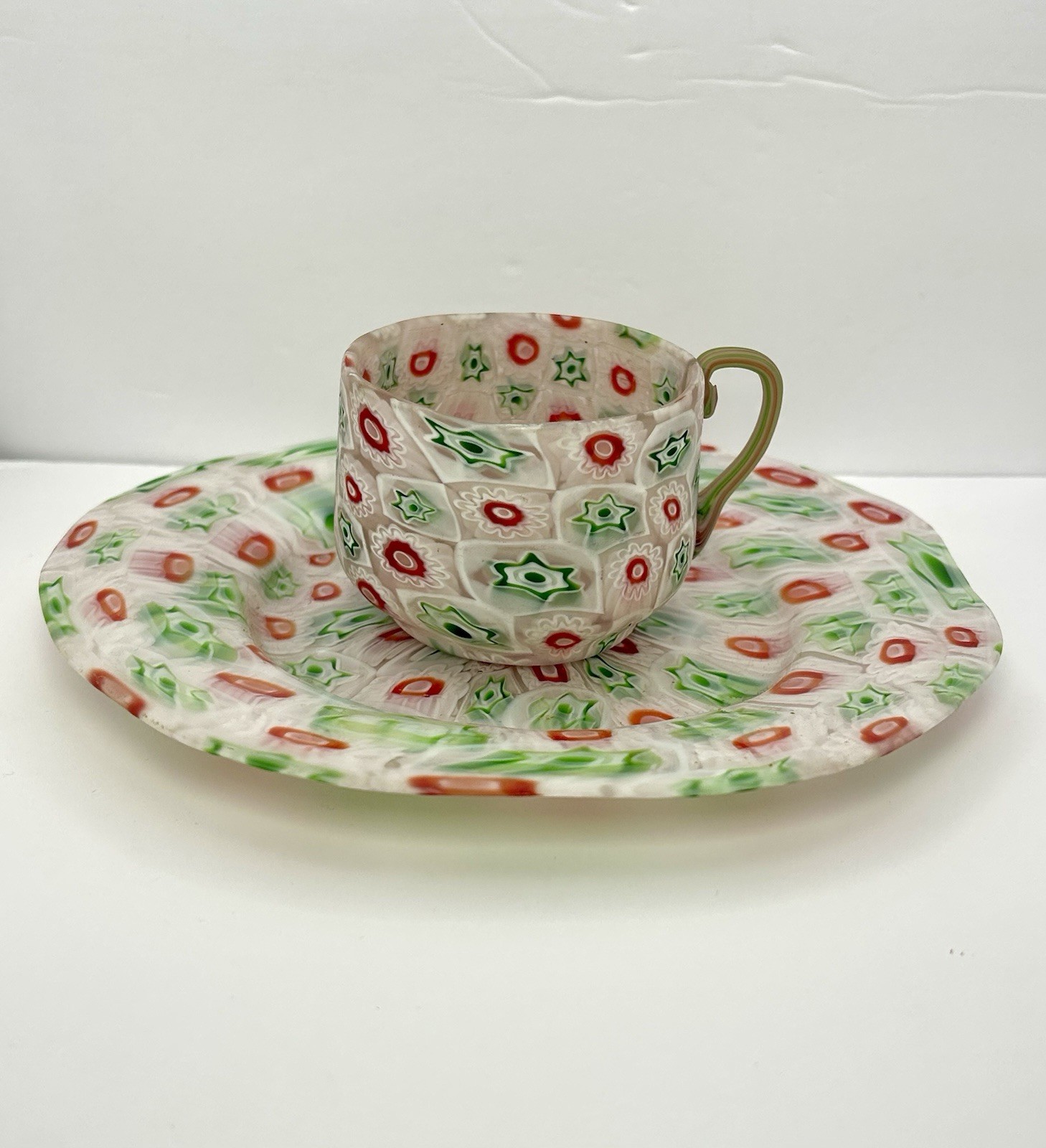 VINTAGE MURANO MILLEFIORI ART GLASS TEA CUP & SAUCER Dish Set