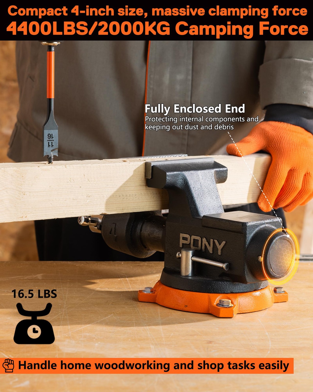 PONY 4“ Heavy Duty Bench Vise 4400LBS Clamping Force for Woodworking Drilling