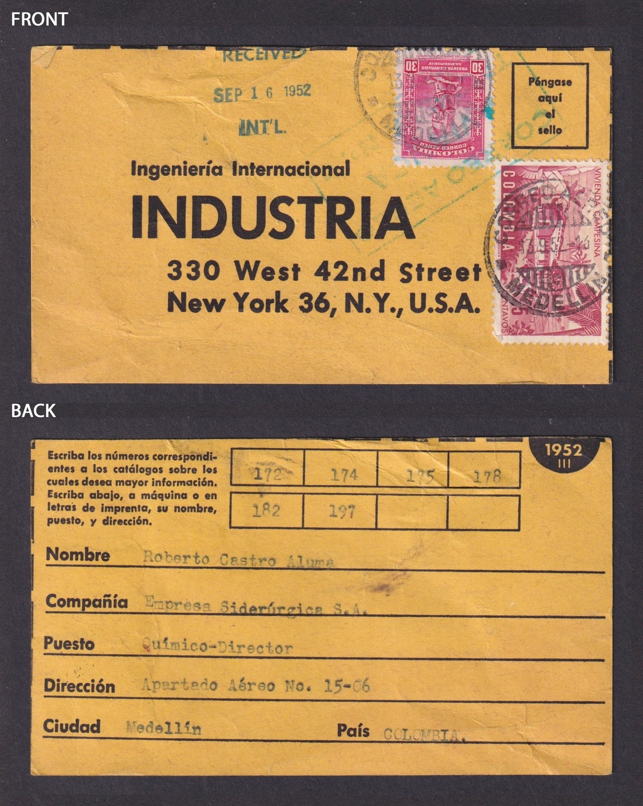 Colombia 1952 Special postcard Medellin to New York USA