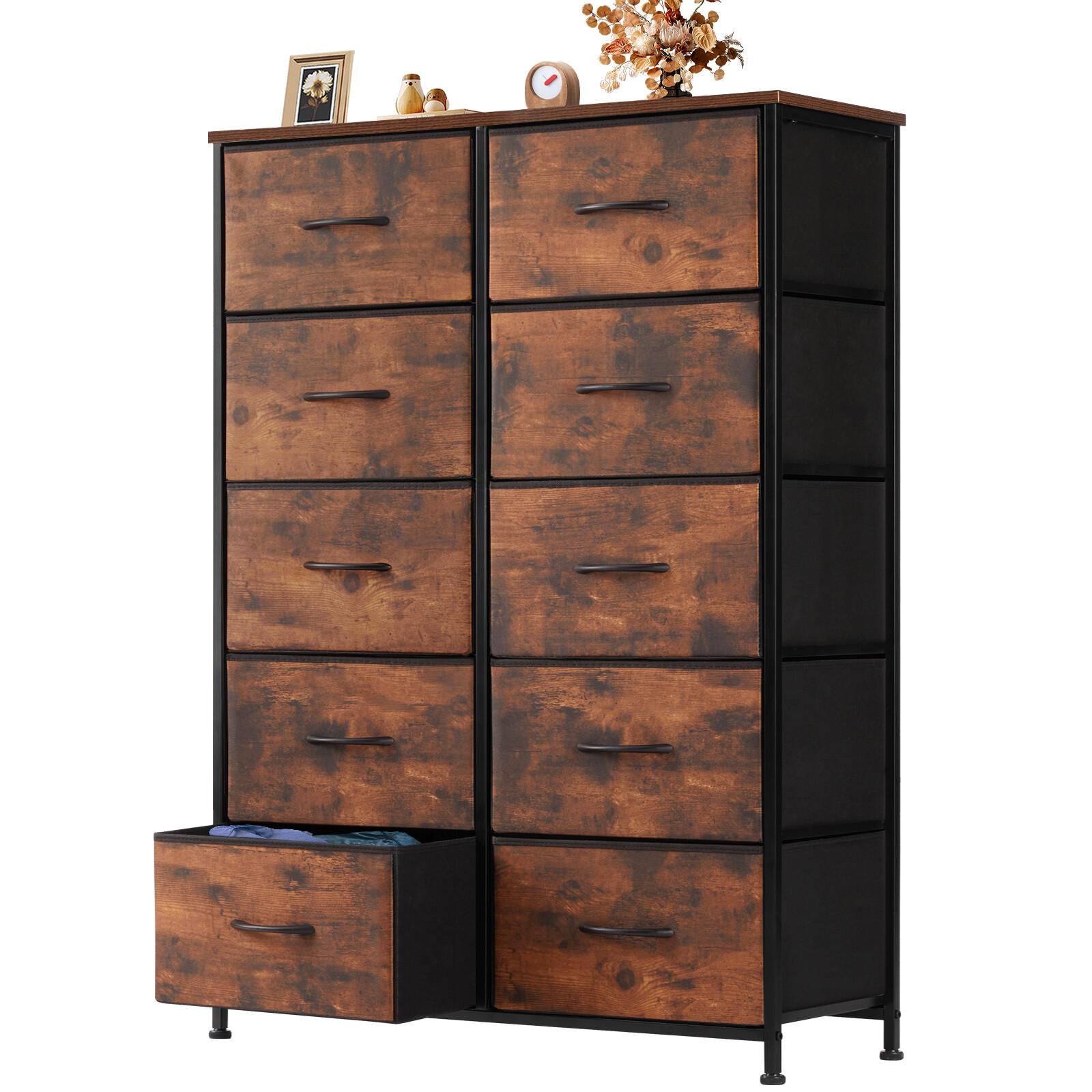 10 Fabric Drawer Dresser Storage Tall Chest Organizer Cabinet Unit Wood Top