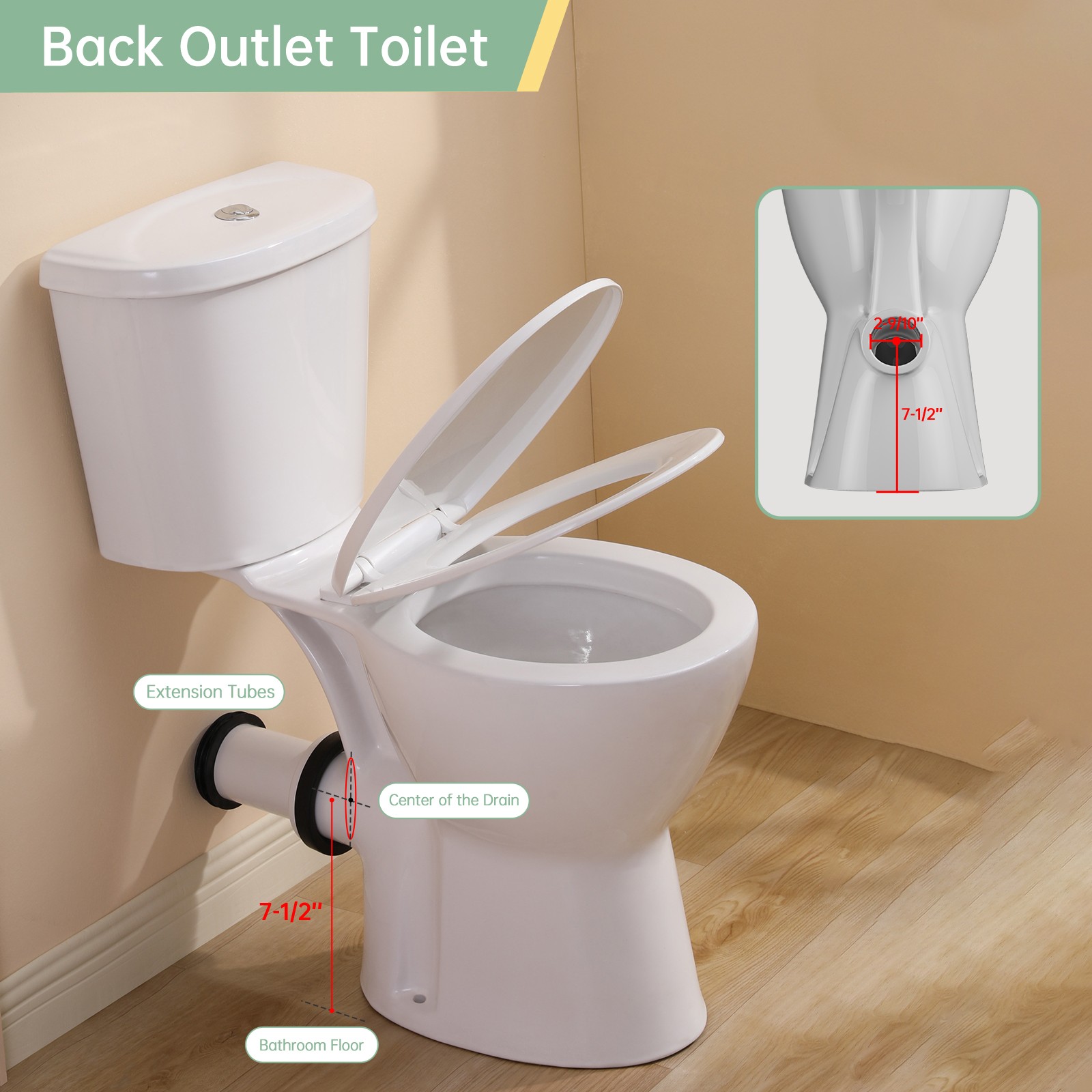 19 inch Rear Outlet Toilet with Tank Powerful Flush with Extra Extension Pipe