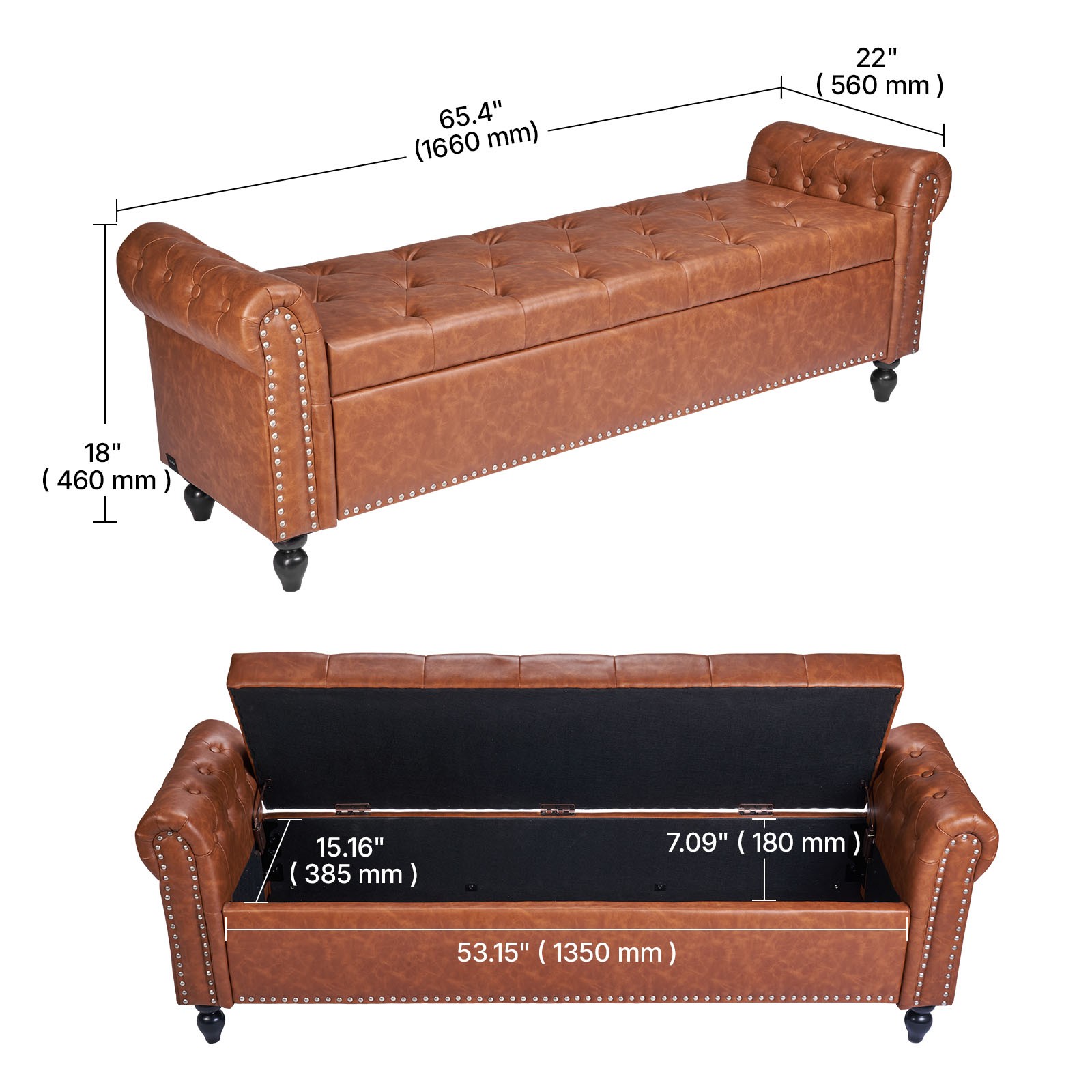 Uimoso Button-Tufted Storage Ottoman Bench Rolled Arm PU Leather Wood Legs Brown