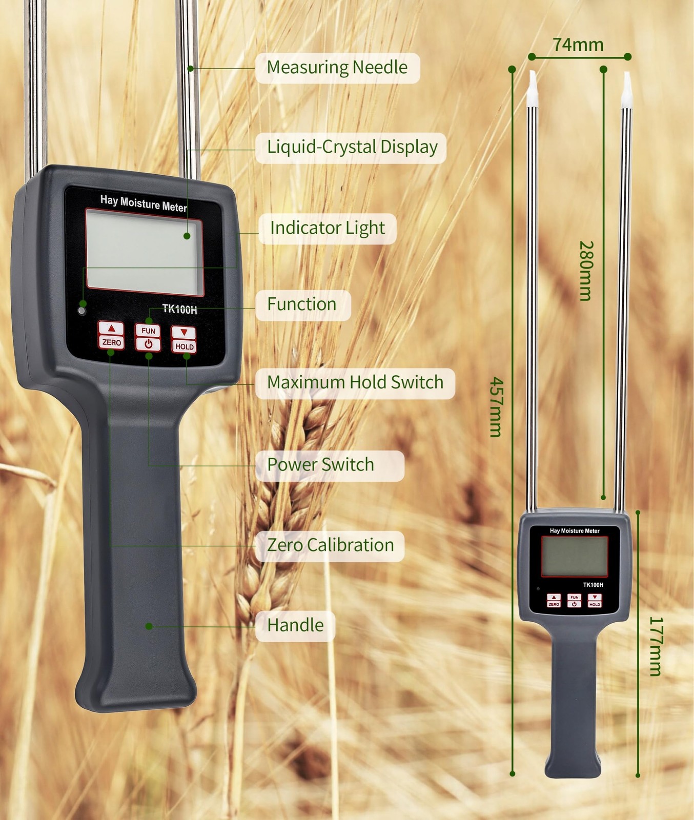 TK100H Portable Hay Meter, Hay Tester with Probe, Fast Measurements, for Cere...