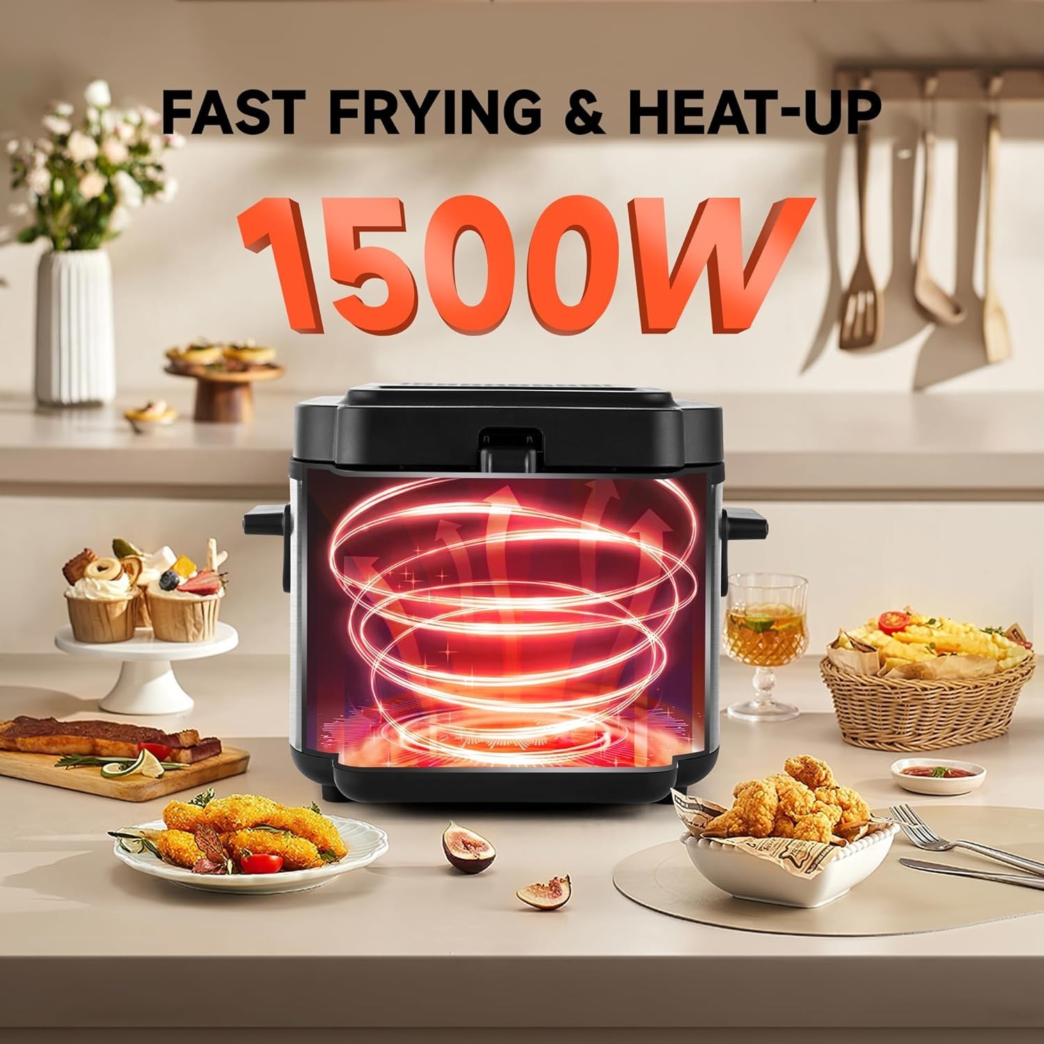 Deep Fryer 1500W Non-Stick Inner Pot Removable Lid Temp Control 2.5L