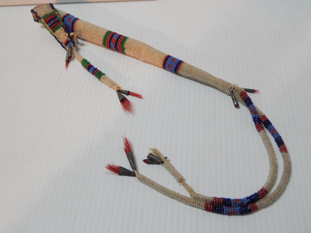 c.1870-90s PLAINS BEADED lAKOTA INDIAN AWL CASE w/ RED HORSEHAIR TIN CONES