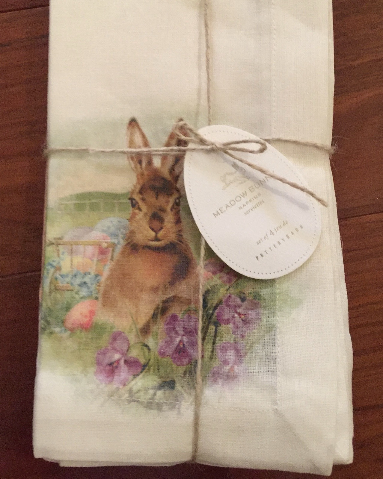 NWT S/4 Pottery Barn ~MEADOW BUNNY~ COTTON DINNER NAPKINS ~EASTER~ GARDEN FLOWER