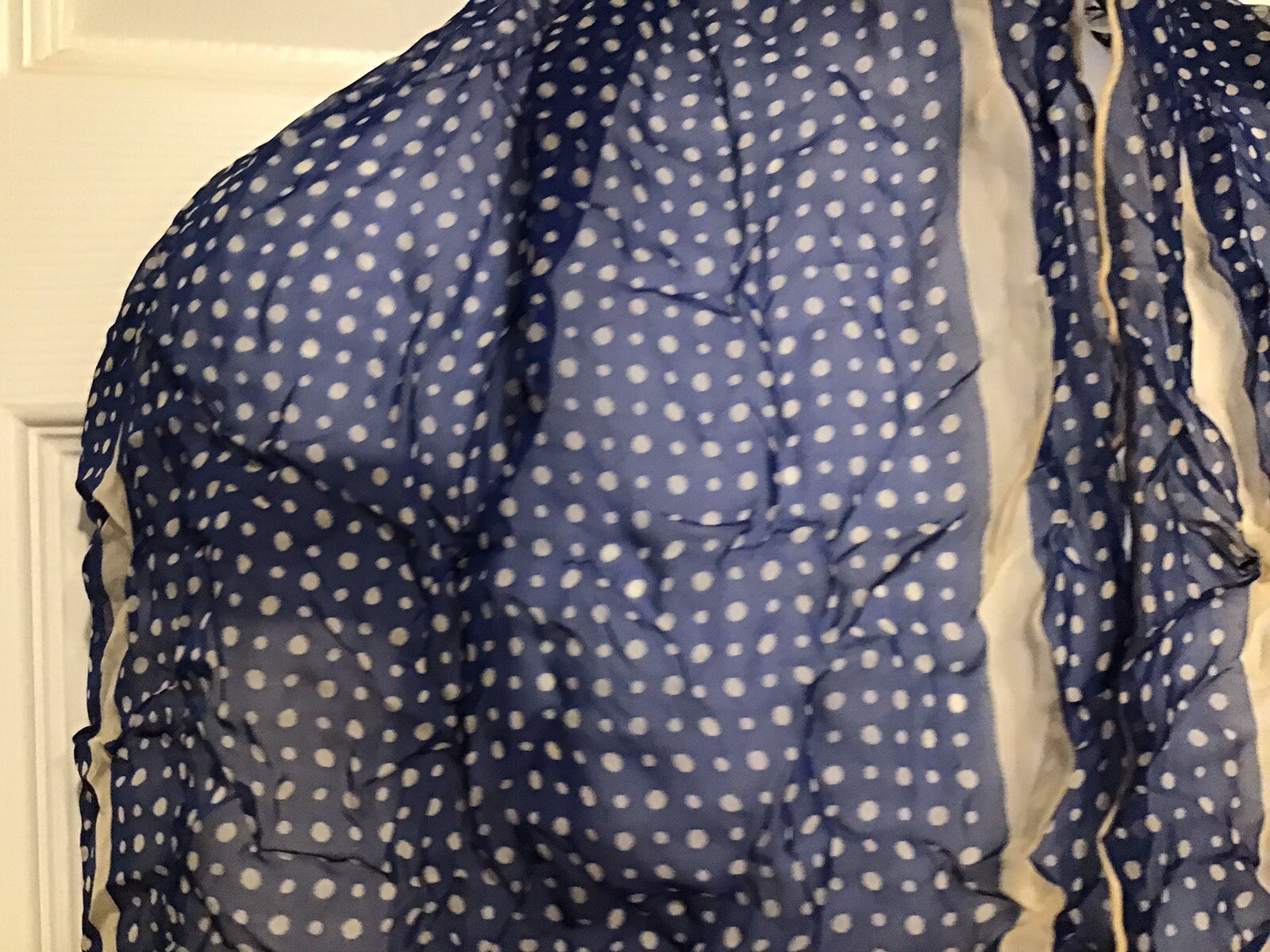 Fashion Scarf Polyester Sheer Blue with Beige Polka Dots 38”x14” Vintage 1960s