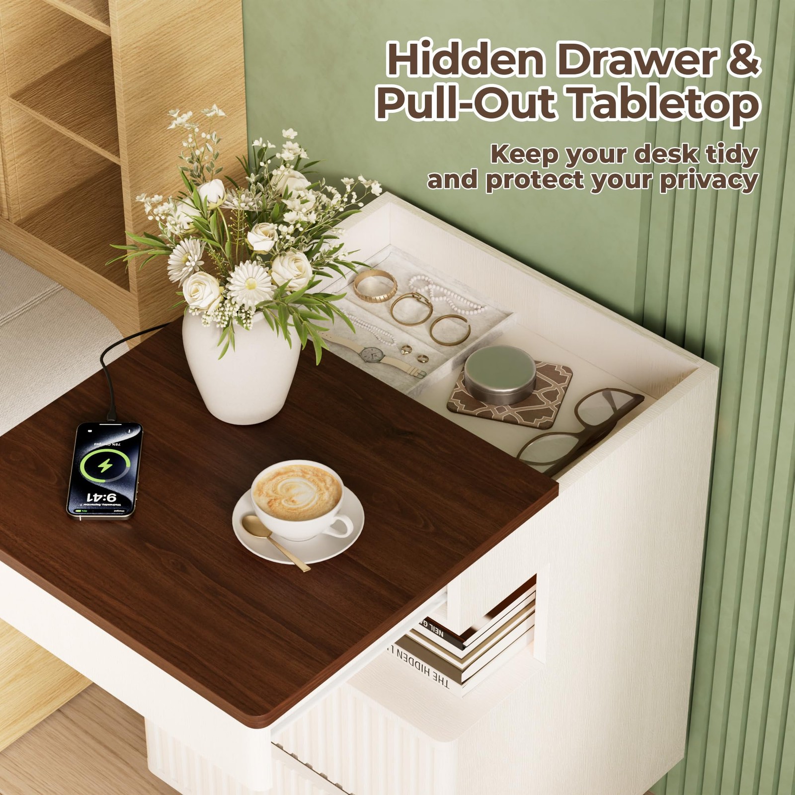 26" Tall Fluted NightStand w/Charging Station & LED Light,with 3 Storage Drawers