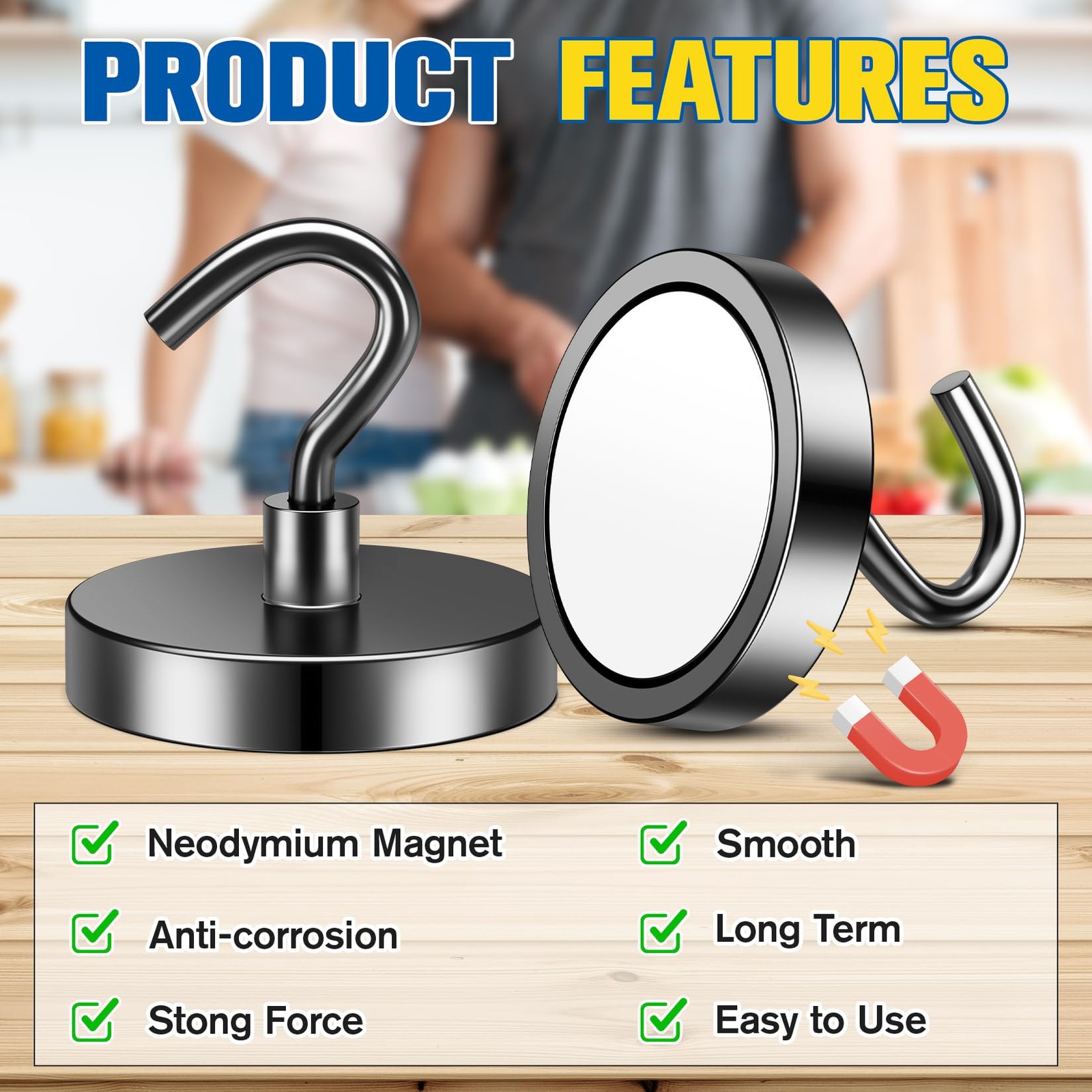 4 Pack 110 Lbs Magnetic Hooks Heavy Duty Neodymium Magnet Hook, Strong Magnetic