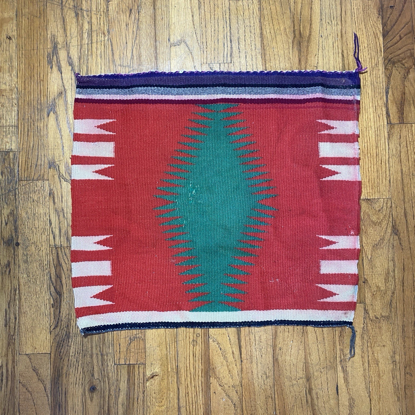 Vintage Navajo Germantown Sampler Rug Weaving Eyedazzler 21x19" Red Purple Green