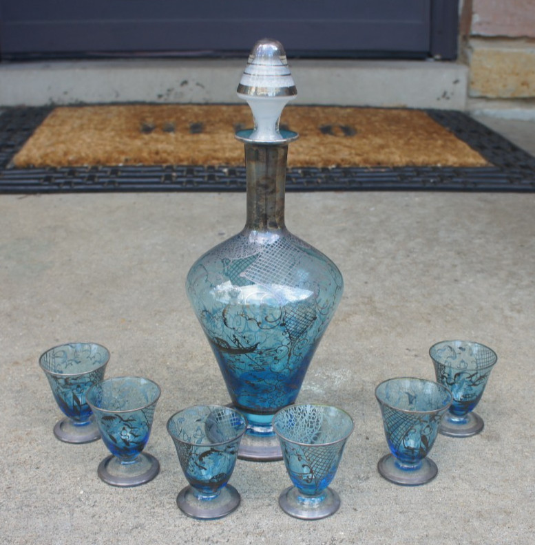 Vintage Venetian Murano Glass Decanter & Six Cordial Glasses Blue Silver Overlay